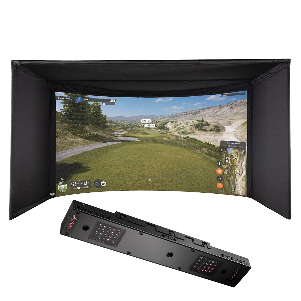 Uneekor EYE XO2 with PlayBetter SimStudio™ OVERHEAD Premium Home Golf Studio Package with Carl's Place Curved Enclosure