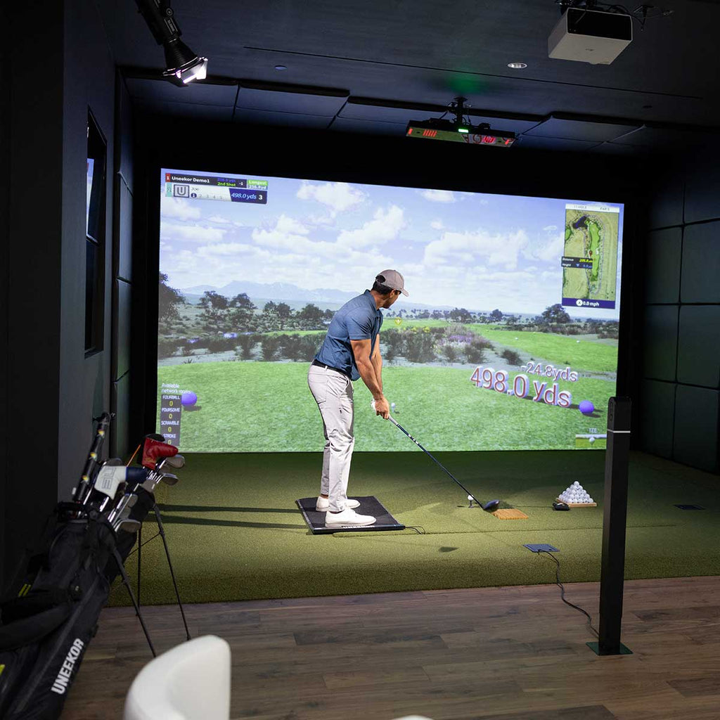 Uneekor EYE XO2 SportScreen Vanish Retractable Golf Studio Complete Package | Home Golf Simulator Studio with Impact Screen, Enclosure, Hitting Mat, Putting Turf & Projector