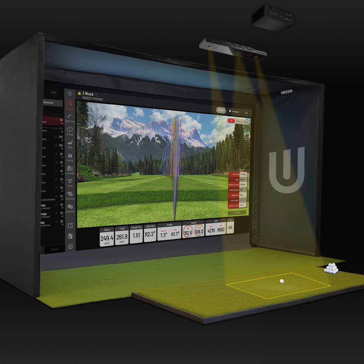 Uneekor EYE XO2 with PlayBetter SimStudio™ OVERHEAD Premium Home Golf Studio Package with Carl's Place Curved Enclosure