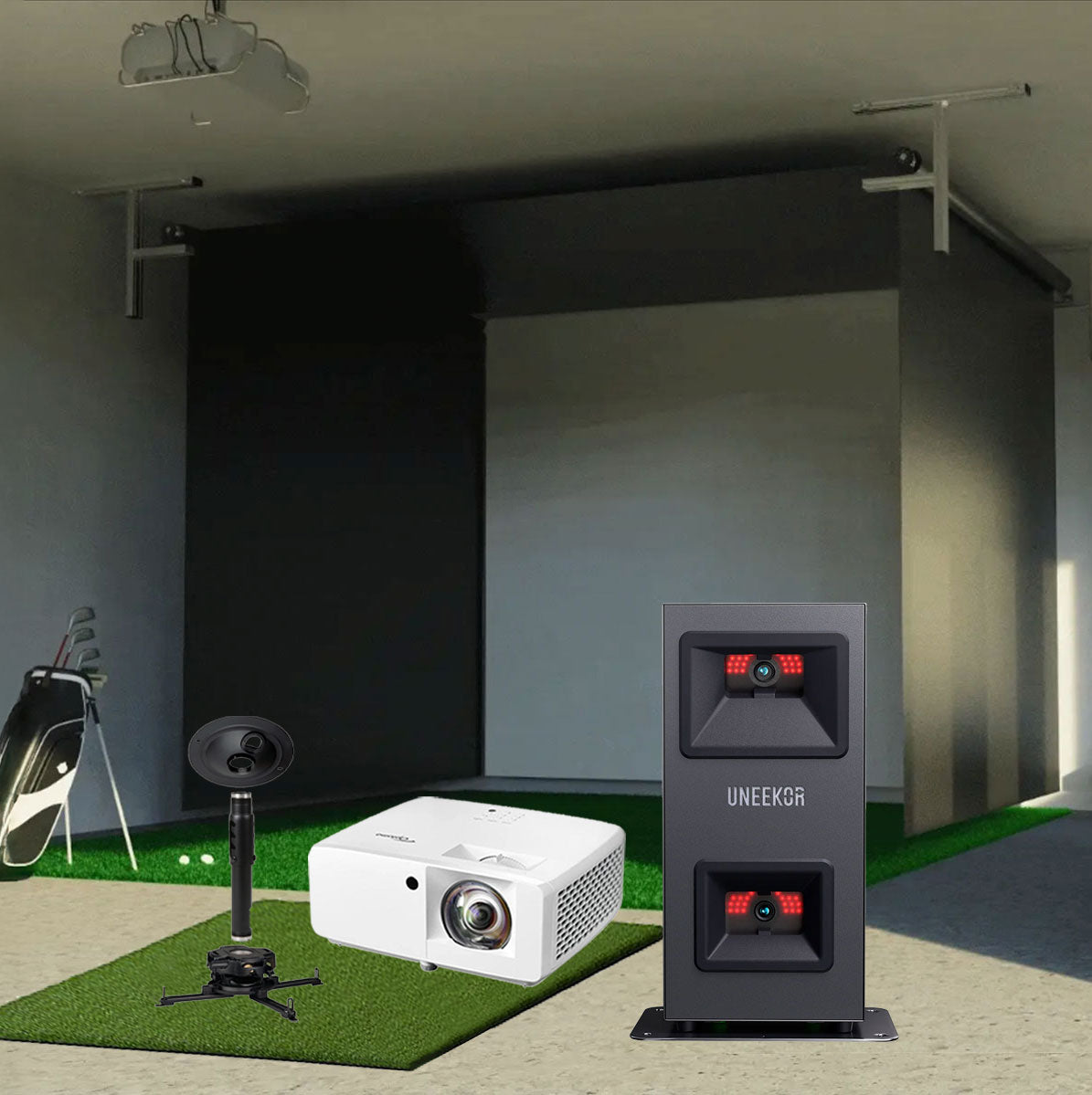 Uneekor EYE MINI LITE SportScreen Vanish Retractable Golf Studio Complete Package | Home Golf Simulator Studio with Impact Screen, Enclosure, Hitting Mat, Putting Turf & Projector