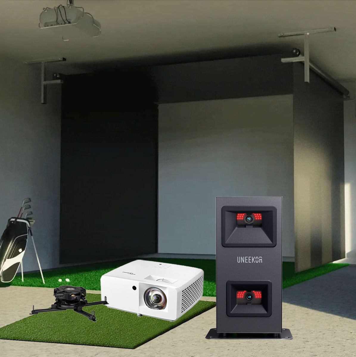 Uneekor EYE MINI LITE SportScreen Vanish Retractable Golf Studio Complete Package | Home Golf Simulator Studio with Impact Screen, Enclosure, Hitting Mat, Putting Turf & Projector