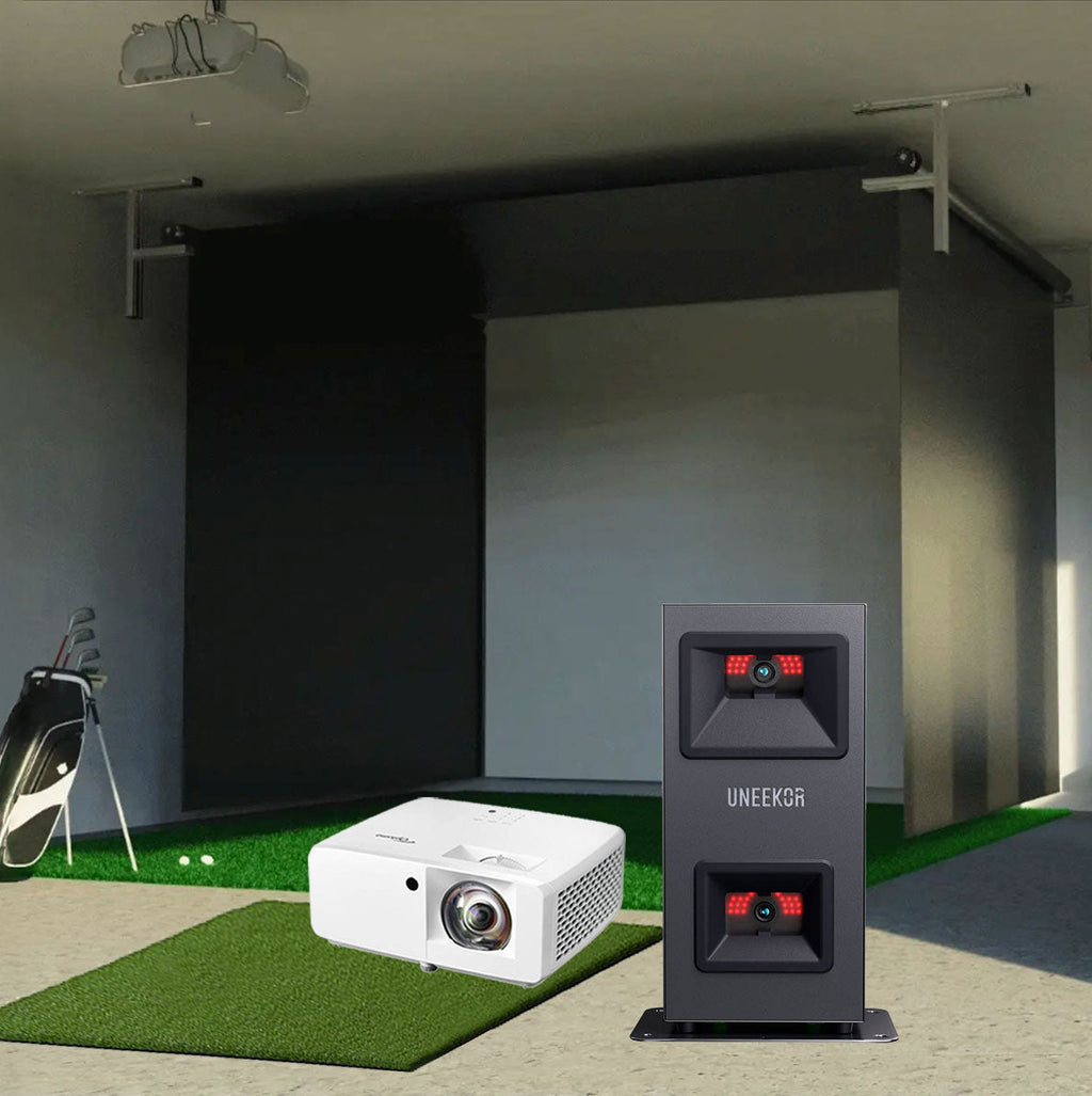 Uneekor EYE MINI LITE SportScreen Vanish Retractable Golf Studio Complete Package | Home Golf Simulator Studio with Impact Screen, Enclosure, Hitting Mat, Putting Turf & Projector