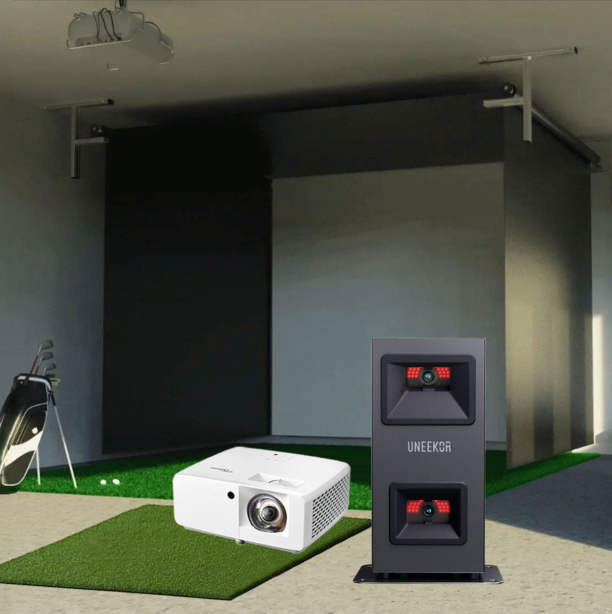 Uneekor EYE MINI LITE SportScreen Vanish Retractable Golf Studio Complete Package | Home Golf Simulator Studio with Impact Screen, Enclosure, Hitting Mat, Putting Turf & Projector