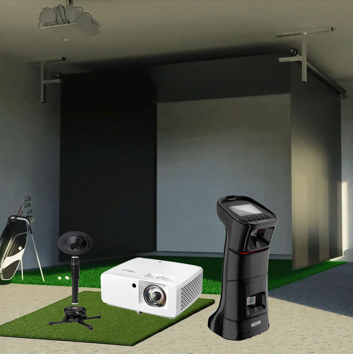 Uneekor EYE MINI SportScreen Vanish Retractable Golf Studio Complete Package | Home Golf Simulator Studio with Impact Screen, Enclosure, Hitting Mat, Putting Turf & Projector