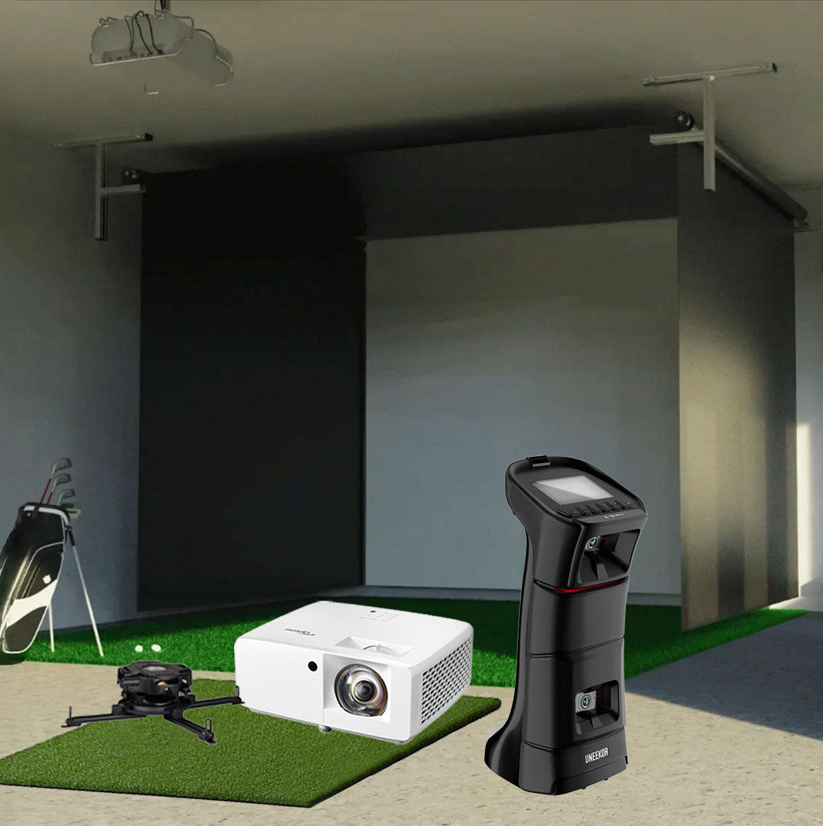 Uneekor EYE MINI SportScreen Vanish Retractable Golf Studio Complete Package | Home Golf Simulator Studio with Impact Screen, Enclosure, Hitting Mat, Putting Turf & Projector
