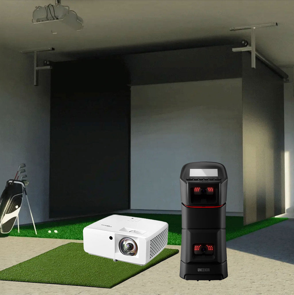 Uneekor EYE MINI SportScreen Vanish Retractable Golf Studio Complete Package | Home Golf Simulator Studio with Impact Screen, Enclosure, Hitting Mat, Putting Turf & Projector