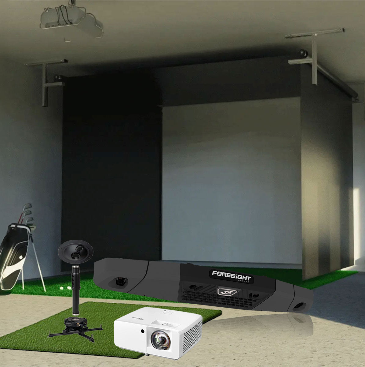 Foresight Falcon SportScreen Vanish Retractable Golf Studio Complete Package | Home Golf Simulator Studio with Impact Screen, Enclosure, Hitting Mat, Putting Turf & Projector