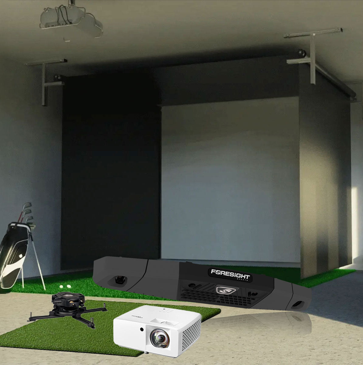 Foresight Falcon SportScreen Vanish Retractable Golf Studio Complete Package | Home Golf Simulator Studio with Impact Screen, Enclosure, Hitting Mat, Putting Turf & Projector