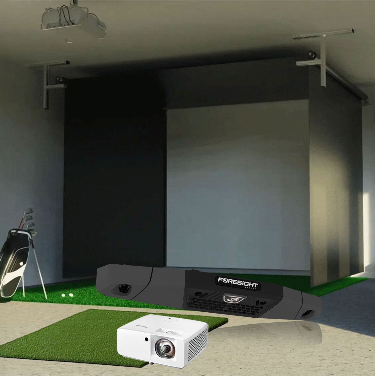Foresight Falcon SportScreen Vanish Retractable Golf Studio Complete Package | Home Golf Simulator Studio with Impact Screen, Enclosure, Hitting Mat, Putting Turf & Projector