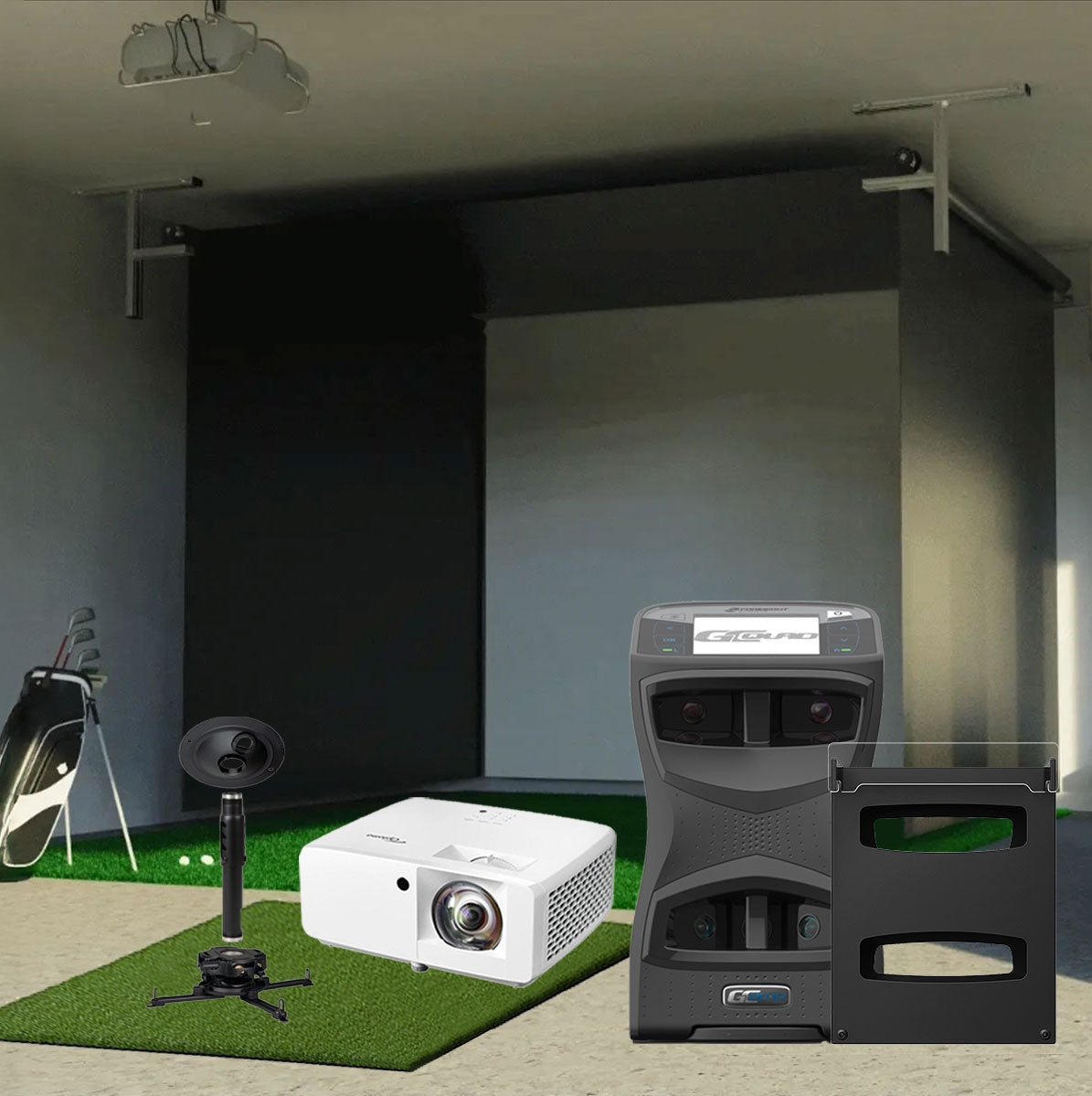 Foresight GCQuad SportScreen Vanish Retractable Golf Studio Complete Package | Home Golf Simulator Studio with Impact Screen, Enclosure, Hitting Mat, Putting Turf & Projector