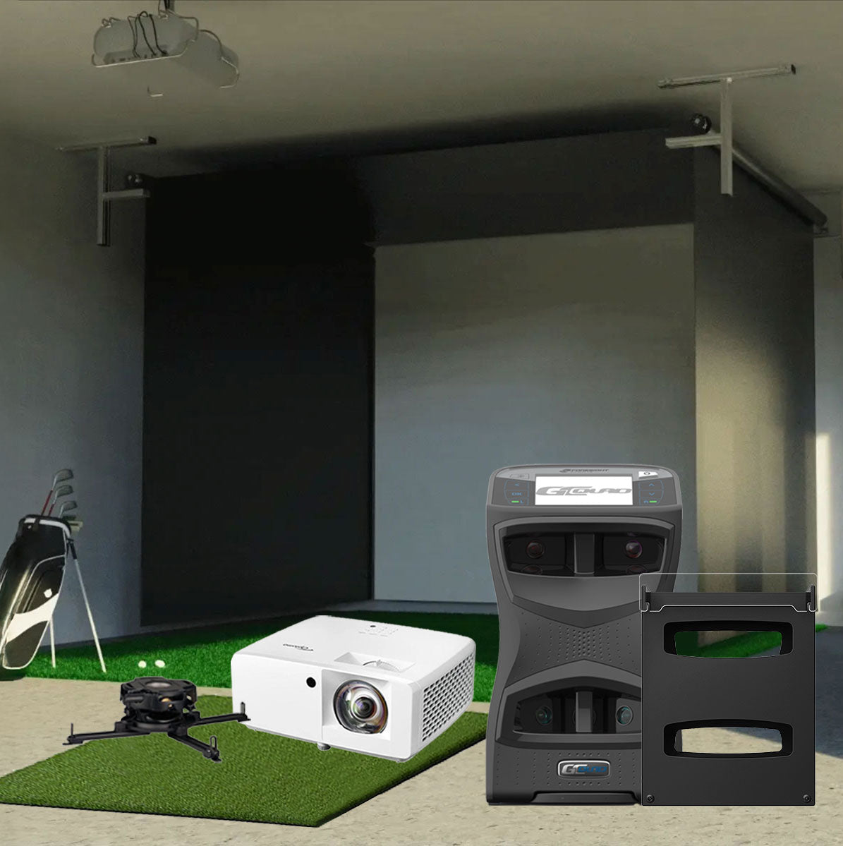 Foresight GCQuad SportScreen Vanish Retractable Golf Studio Complete Package | Home Golf Simulator Studio with Impact Screen, Enclosure, Hitting Mat, Putting Turf & Projector