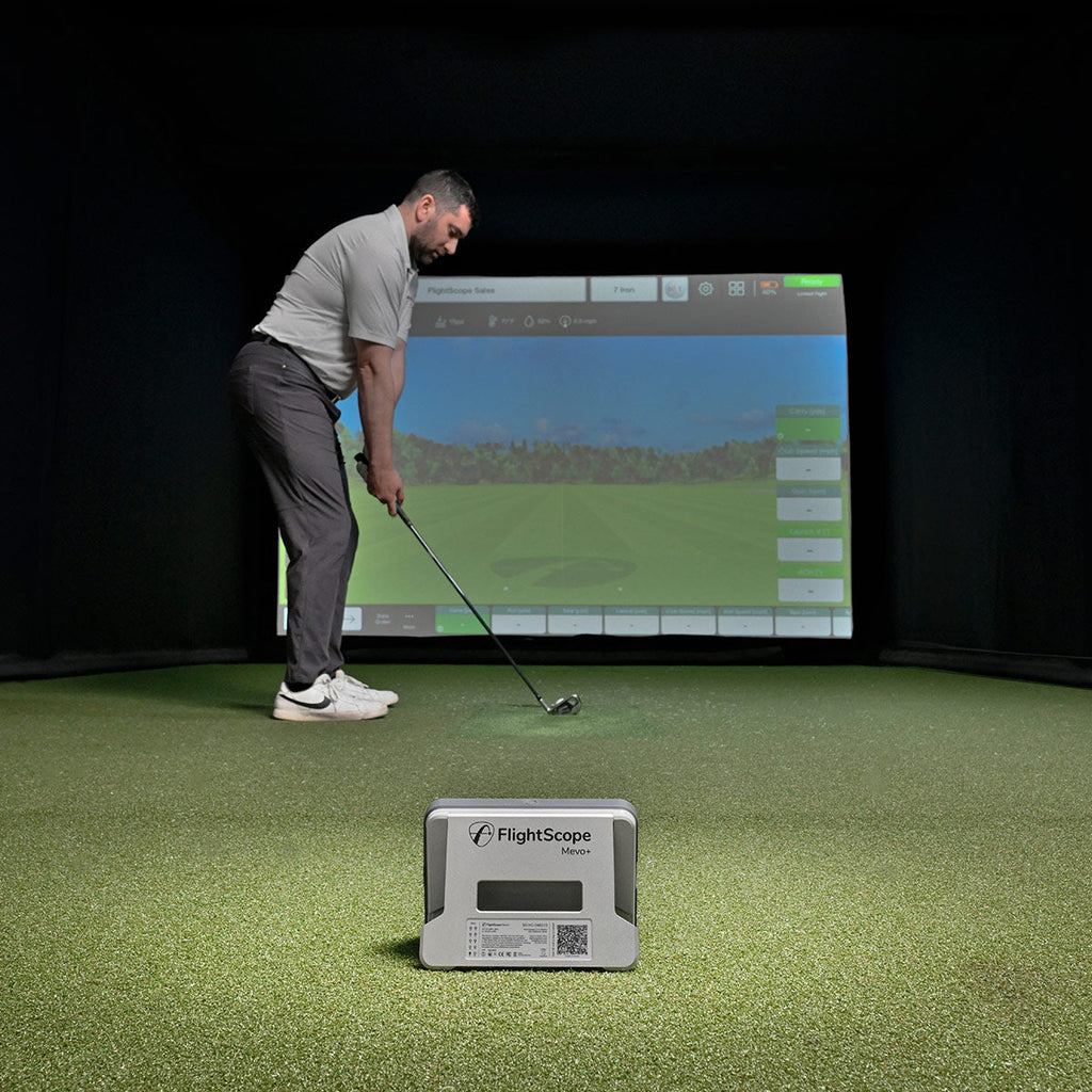 FlightScope Mevo Gen2 SportScreen Vanish Retractable Golf Studio Complete Package | Home Golf Simulator Studio with Impact Screen, Enclosure, Hitting Mat, Putting Turf & Projector