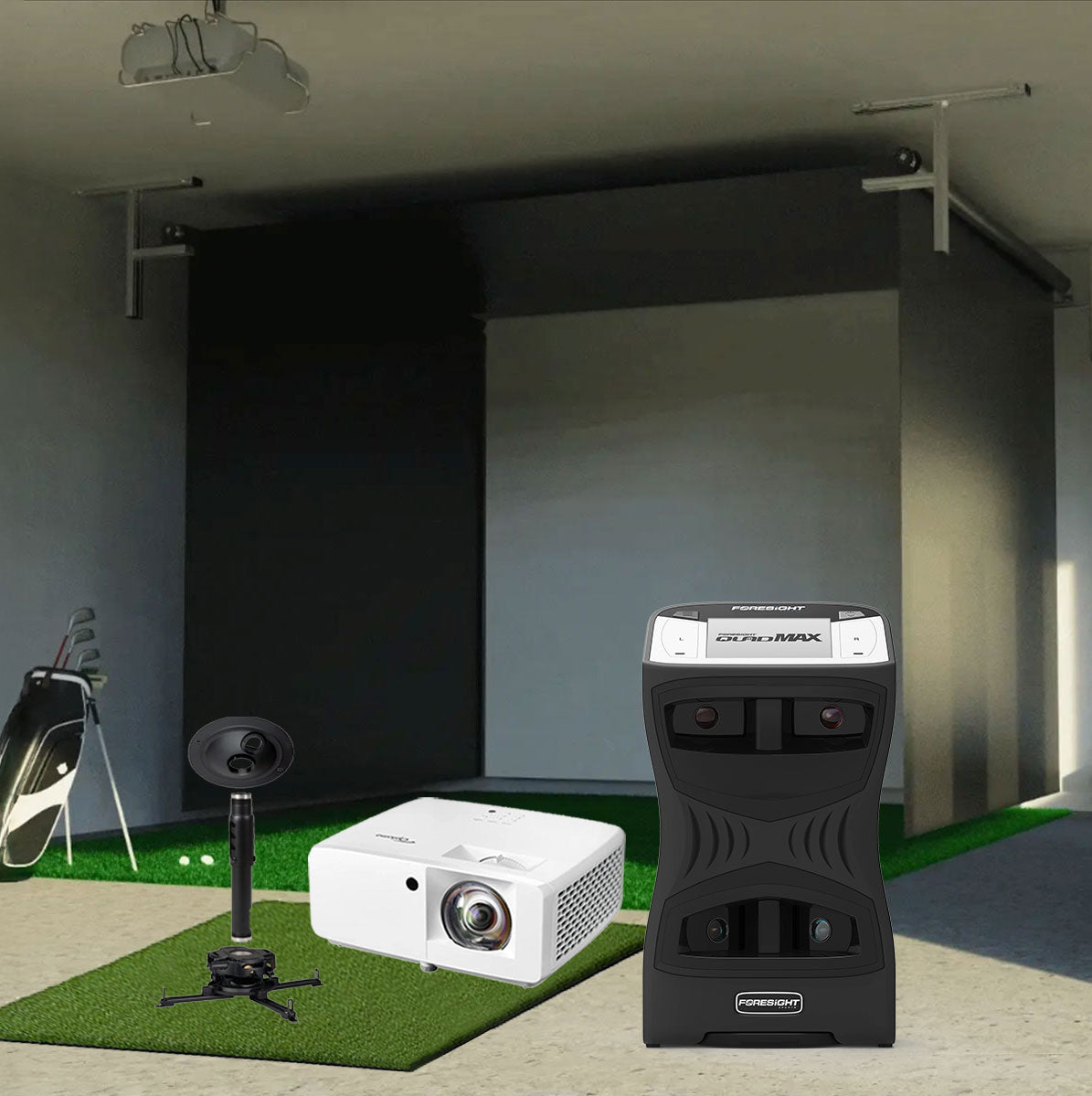 Foresight QuadMAX SportScreen Vanish Retractable Golf Studio Complete Package | Home Golf Simulator Studio with Impact Screen, Enclosure, Hitting Mat, Putting Turf & Projector