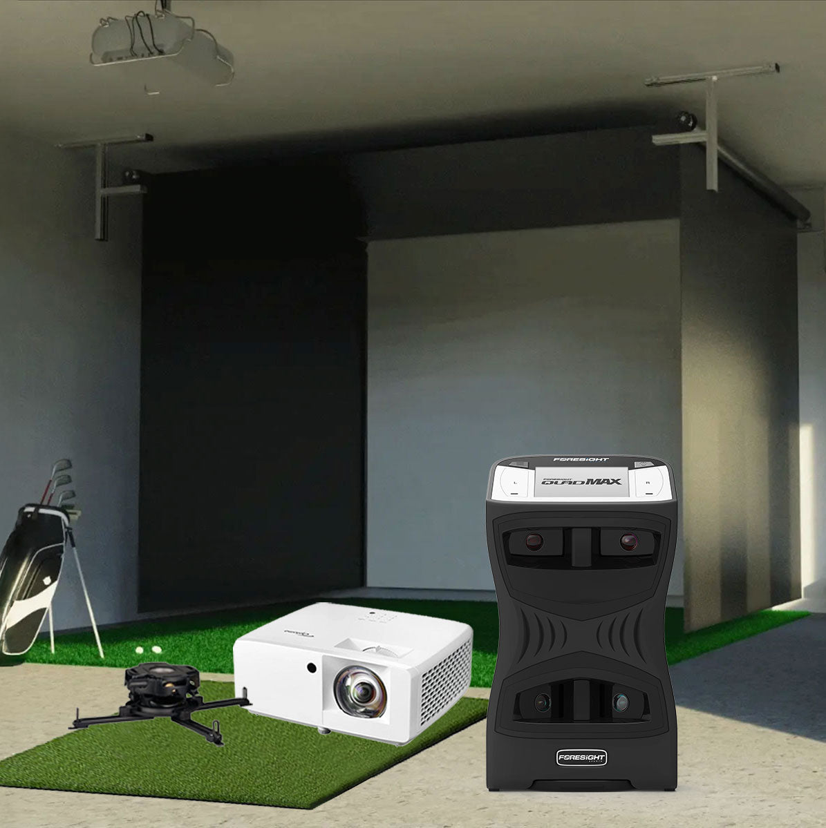 Foresight QuadMAX SportScreen Vanish Retractable Golf Studio Complete Package | Home Golf Simulator Studio with Impact Screen, Enclosure, Hitting Mat, Putting Turf & Projector