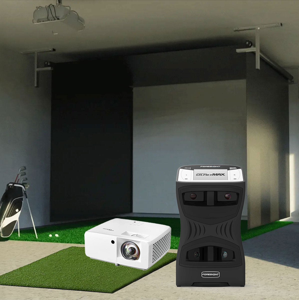 Foresight QuadMAX SportScreen Vanish Retractable Golf Studio Complete Package | Home Golf Simulator Studio with Impact Screen, Enclosure, Hitting Mat, Putting Turf & Projector