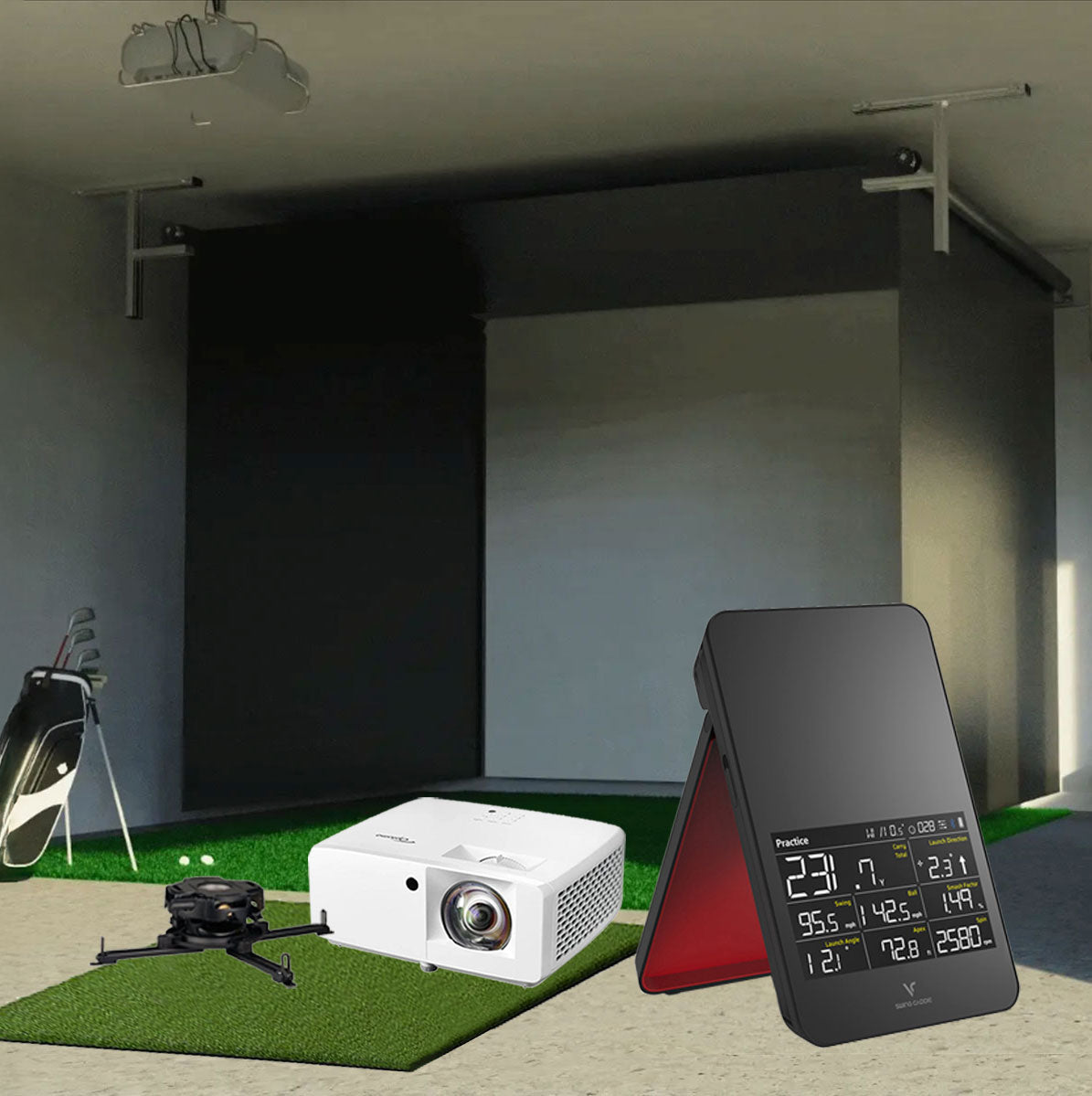 Swing Caddie SC4 PRO SportScreen Vanish Retractable Golf Studio Complete Package | Home Golf Simulator Studio with Impact Screen, Enclosure, Hitting Mat, Putting Turf & Projector