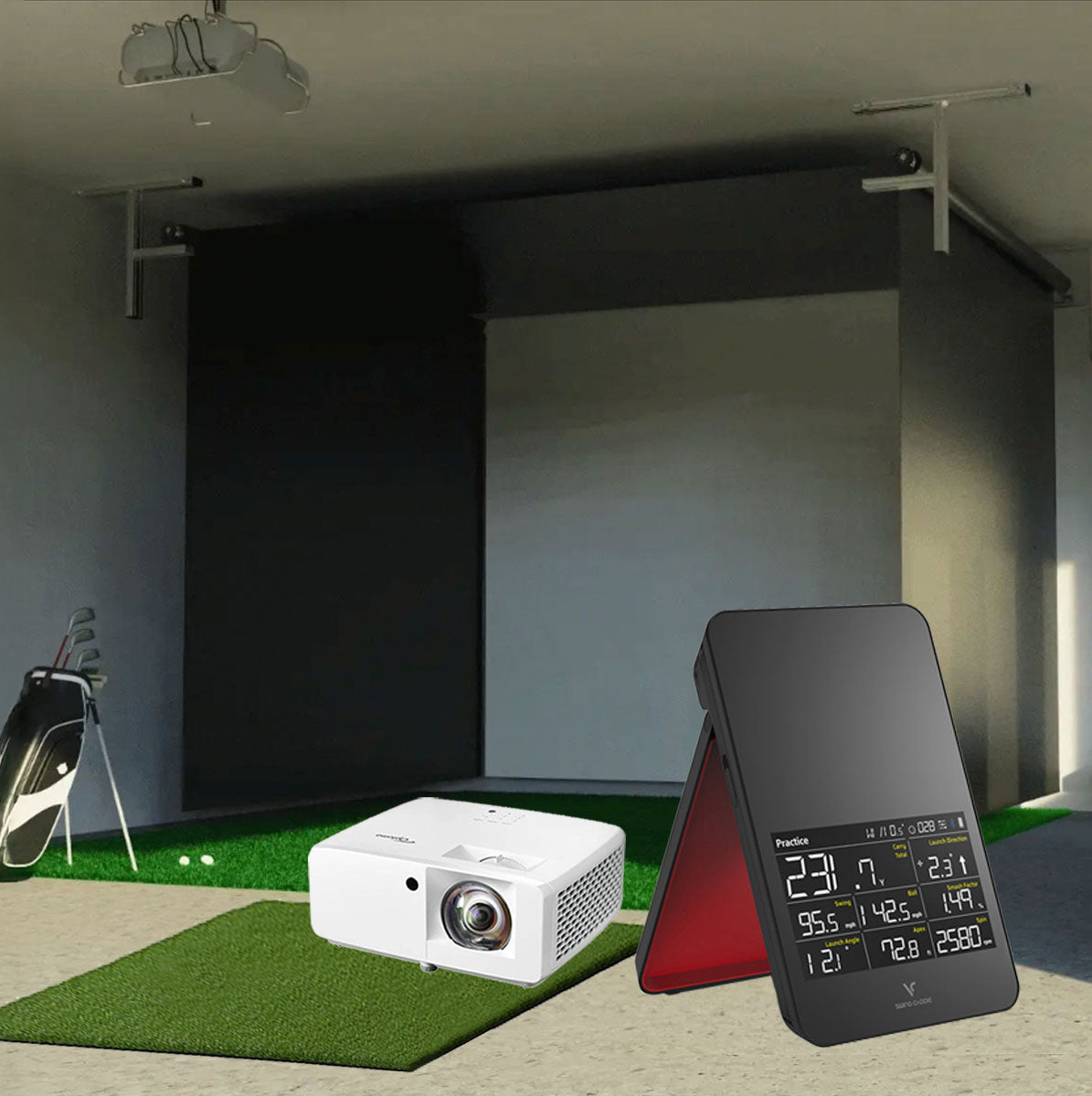 Swing Caddie SC4 PRO SportScreen Vanish Retractable Golf Studio Complete Package | Home Golf Simulator Studio with Impact Screen, Enclosure, Hitting Mat, Putting Turf & Projector