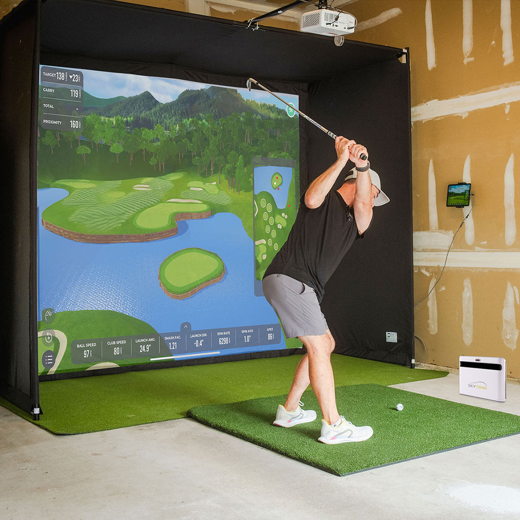 PlayBetter SimStudio™ COMPLETE by Golficity | Home Golf Simulator Package with Enclosure, Impact Screen, Hitting/Putting Mats, Side Barriers & Projector