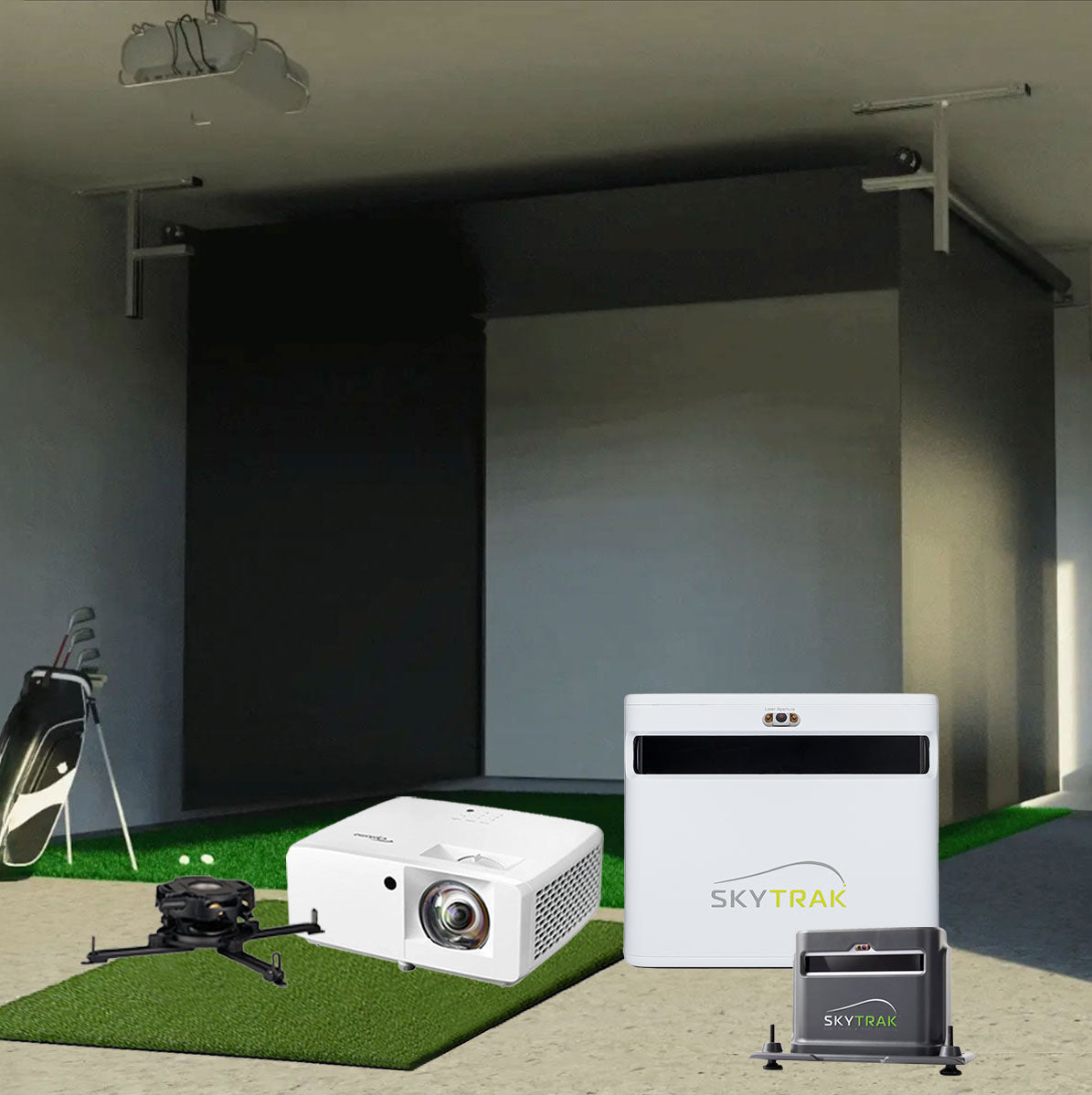 SkyTrak+ SportScreen Vanish Retractable Golf Studio Complete Package | Home Golf Simulator Studio with Impact Screen, Enclosure, Hitting Mat, Putting Turf, Projector & 1-Year FREE Foresight Course Play
