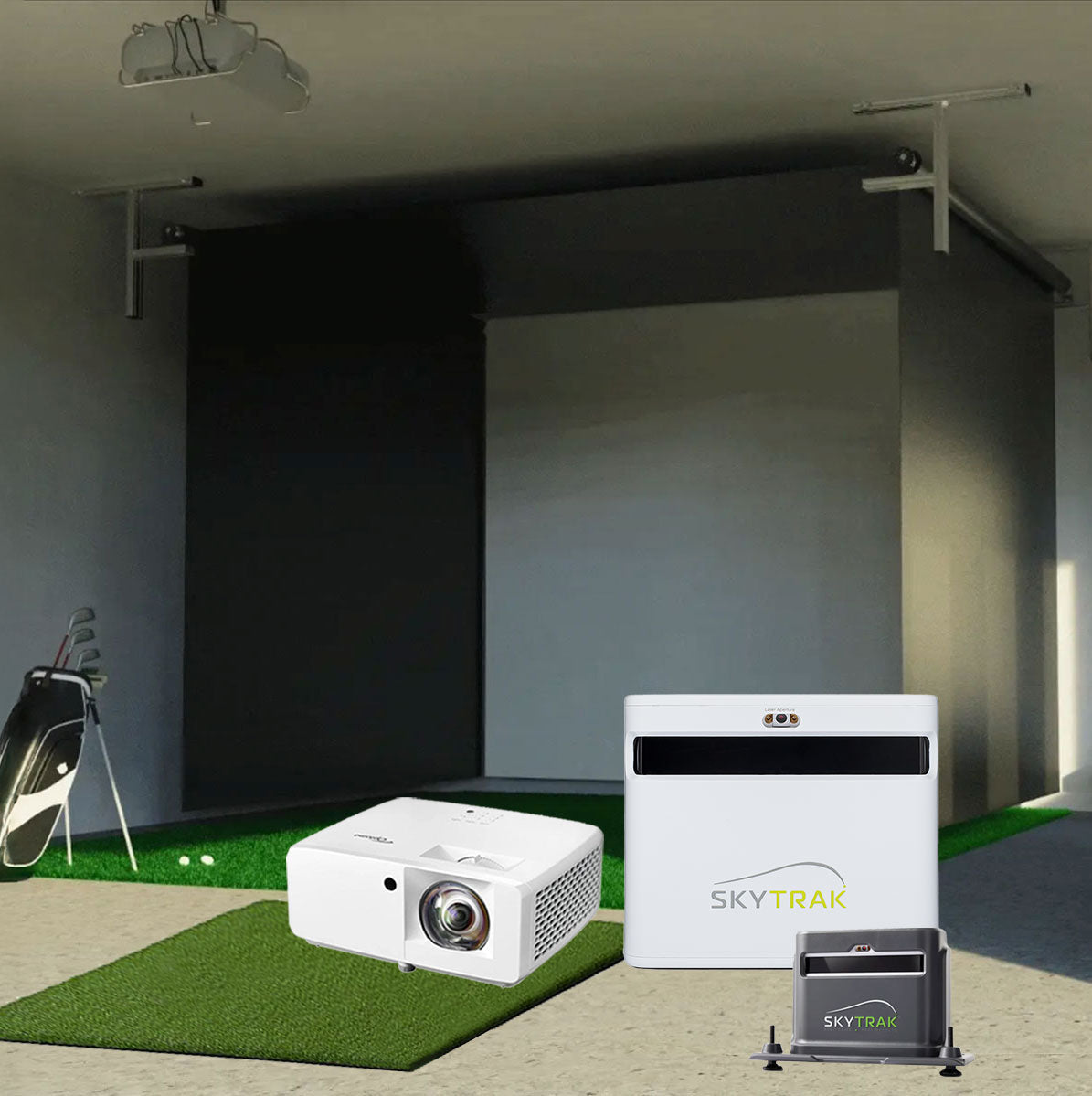 SkyTrak+ SportScreen Vanish Retractable Golf Studio Complete Package | Home Golf Simulator Studio with Impact Screen, Enclosure, Hitting Mat, Putting Turf, Projector & 1-Year FREE Foresight Course Play