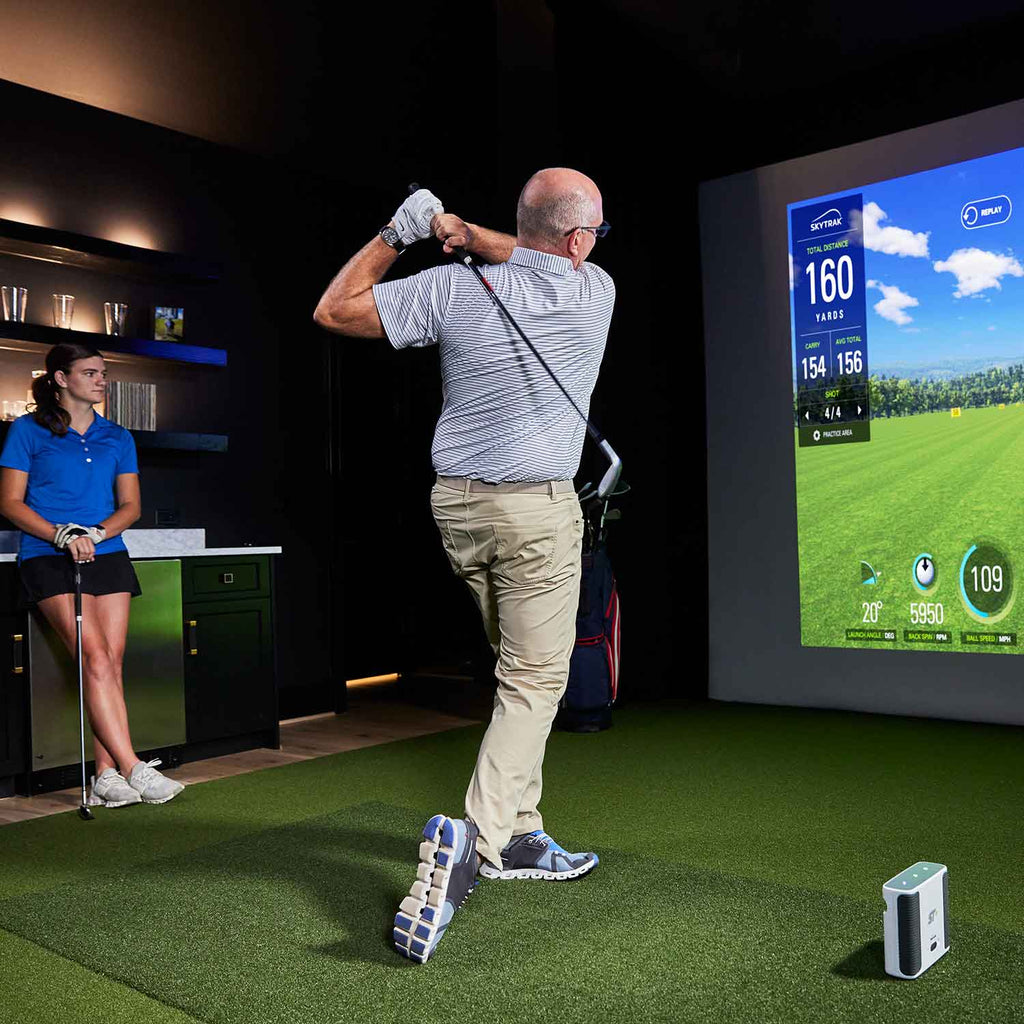 SkyTrak+ Golf Launch Monitor Home Net Studio with The Net Return Premium Hitting Net Package & 1-Year FREE Foresight Course Play