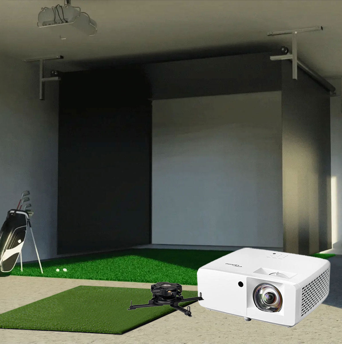 FlightScope Mevo Gen2 SportScreen Vanish Retractable Golf Studio Complete Package | Home Golf Simulator Studio with Impact Screen, Enclosure, Hitting Mat, Putting Turf & Projector