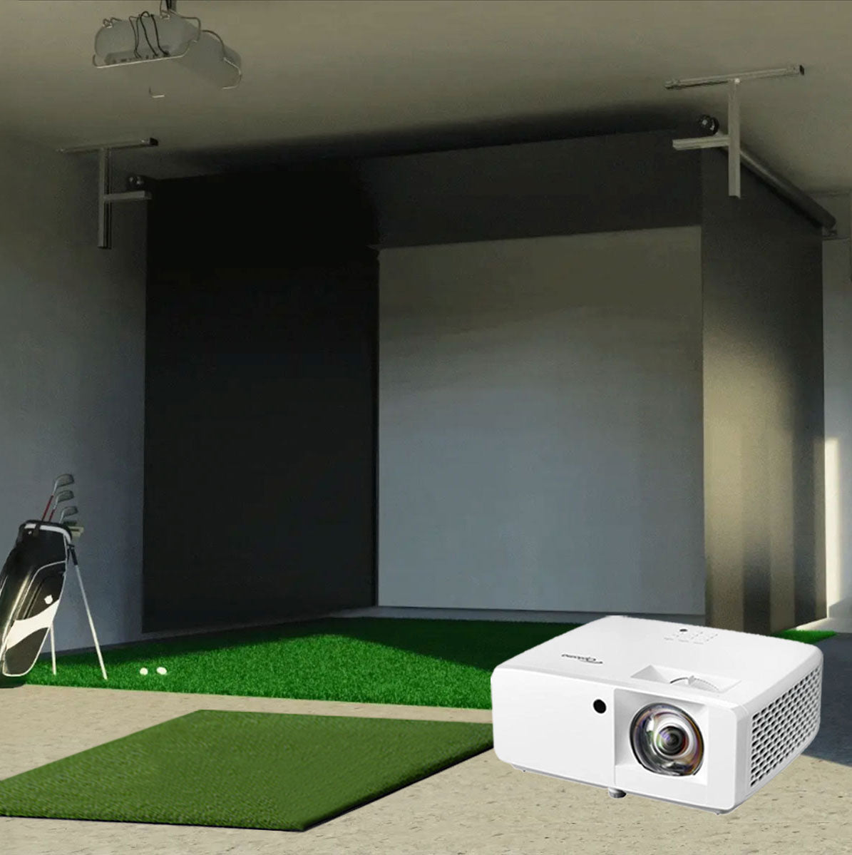 SportScreen Vanish Retractable Golf Studio Complete Package by PlayBetter | Home Golf Simulator Studio with Impact Screen, Enclosure, Hitting Mat, Putting Turf & Projector