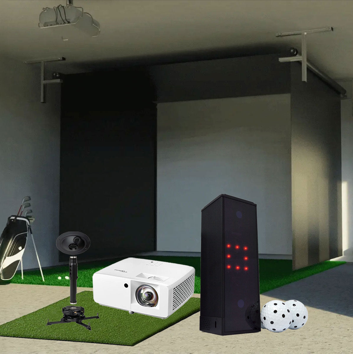 Square Golf SportScreen Vanish Retractable Golf Studio Complete Package | Home Golf Simulator Studio with Impact Screen, Enclosure, Hitting Mat, Putting Turf & Projector