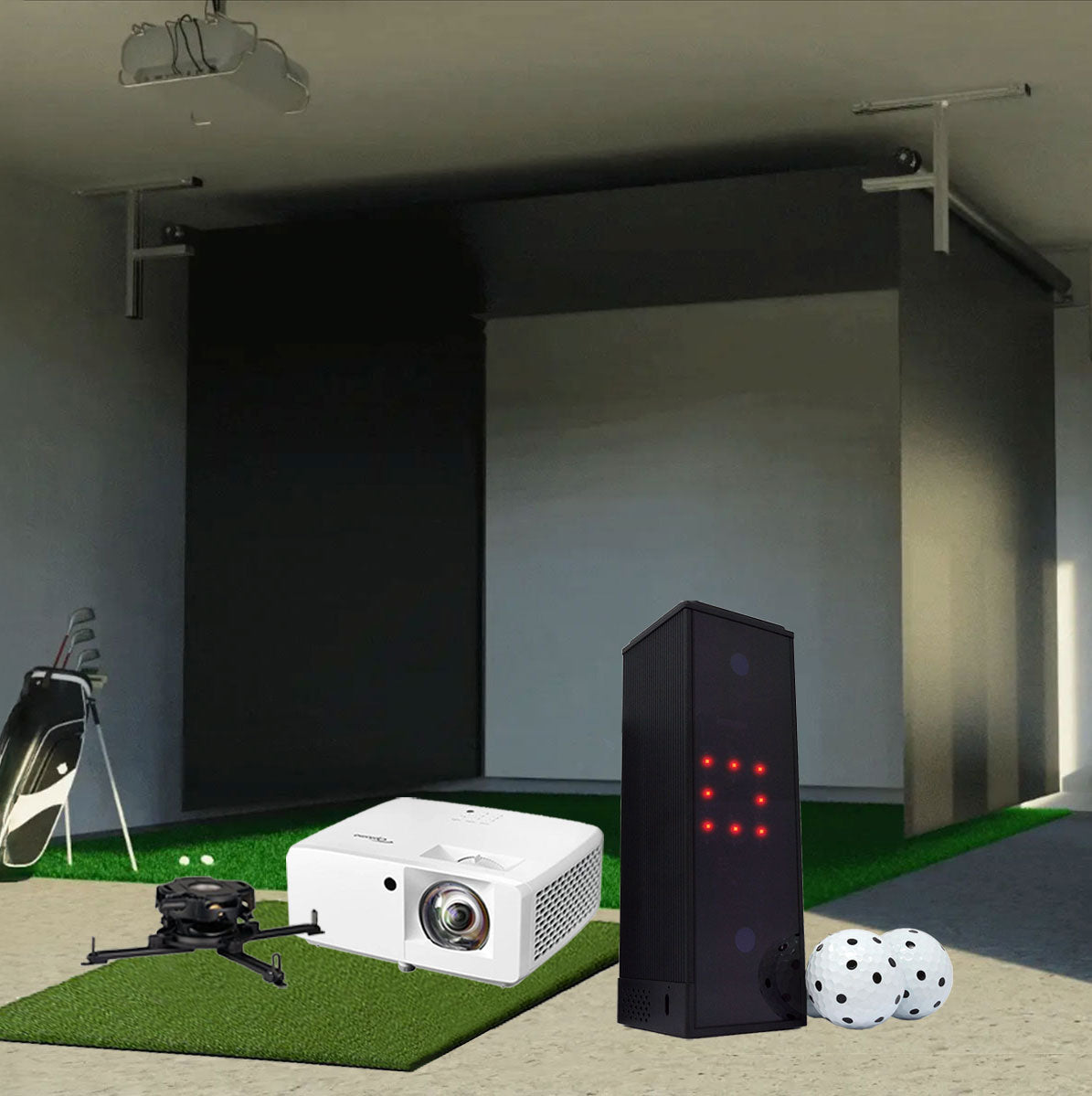 Square Golf SportScreen Vanish Retractable Golf Studio Complete Package | Home Golf Simulator Studio with Impact Screen, Enclosure, Hitting Mat, Putting Turf & Projector