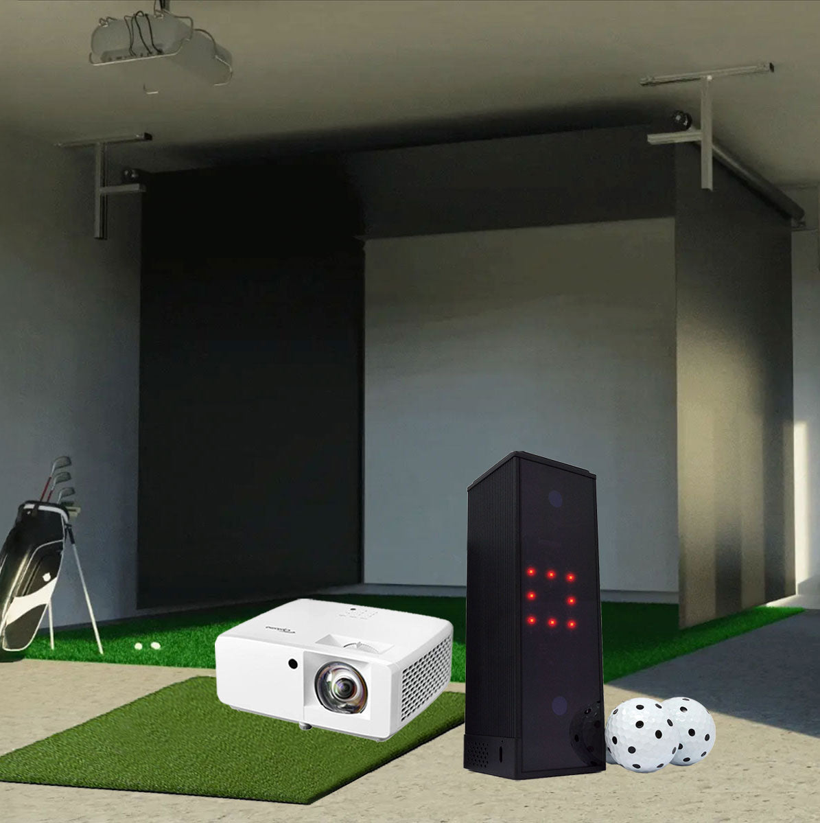 Square Golf SportScreen Vanish Retractable Golf Studio Complete Package | Home Golf Simulator Studio with Impact Screen, Enclosure, Hitting Mat, Putting Turf & Projector