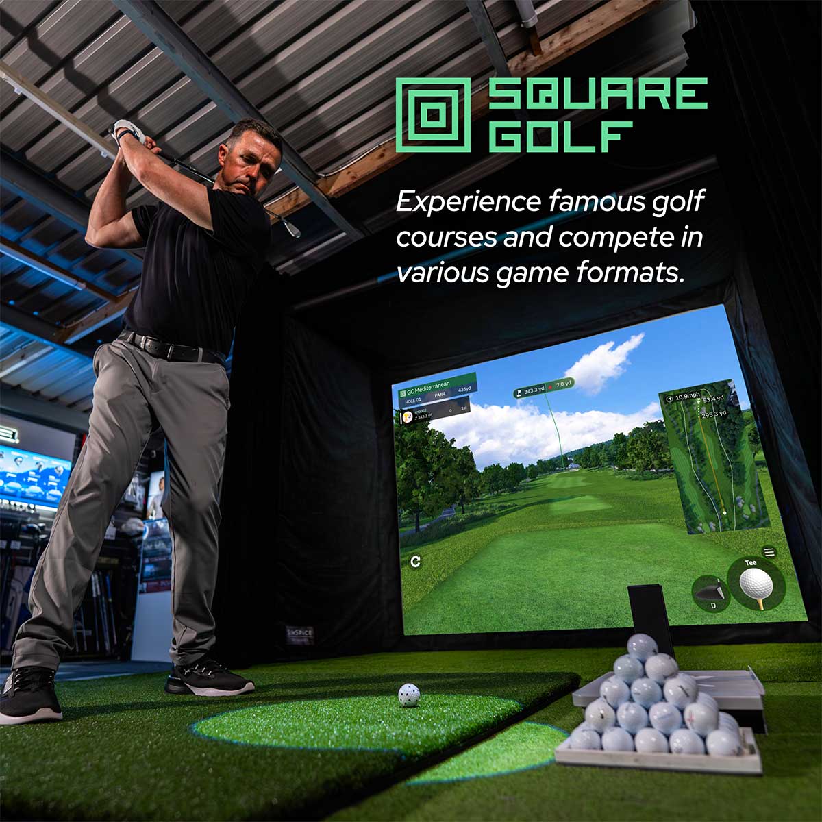 Square Golf with PlayBetter SimStudio™ COMPLETE Package | Golf Simulator Studio with Impact Screen, Enclosure, Side Barriers, Hitting/Putting Mats, & Projector