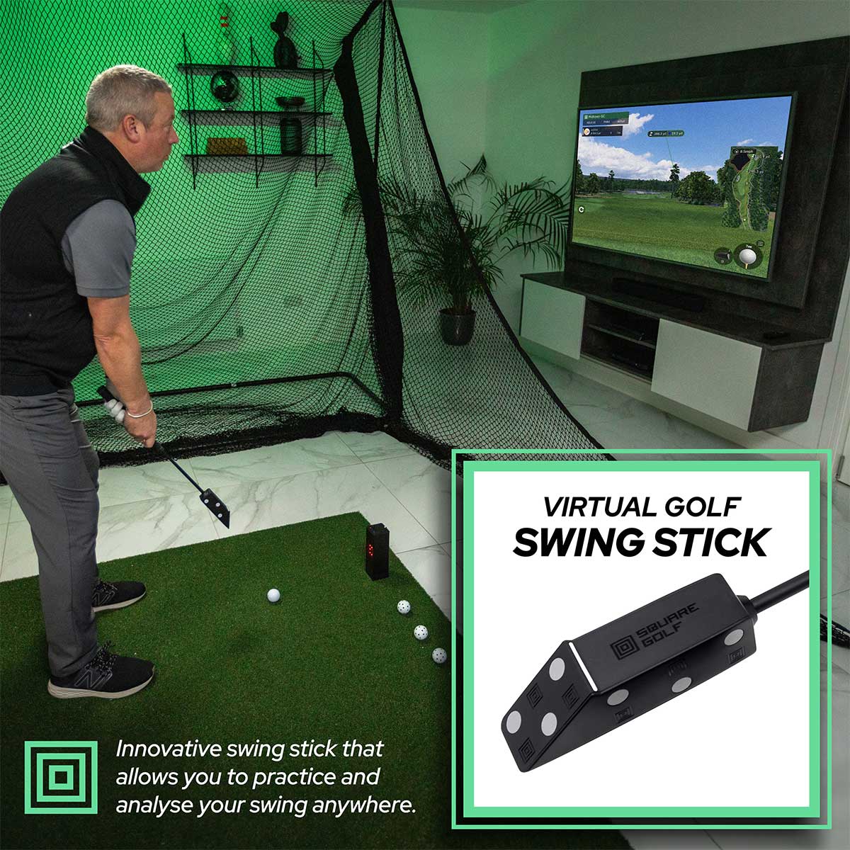 Square Golf SportScreen Vanish LITE Hybrid-Retractable Golf Studio Complete Package | Home Golf Simulator Studio with Impact Screen, Enclosure, Hitting Mat, Putting Turf & Projector