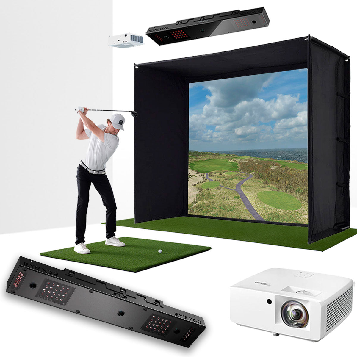 Uneekor EYE XO2 with PlayBetter SimStudio™ ESSENTIALS Package | Golf Simulator Studio with Impact Screen, Enclosure, Hitting Mat, & Projector