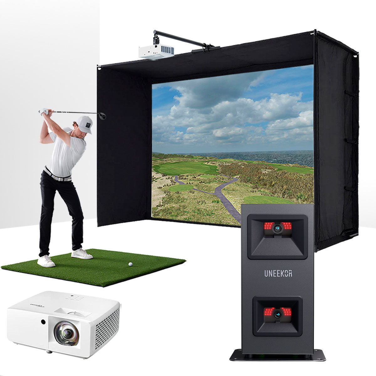 Uneekor EYE MINI LITE with PlayBetter SimStudio™ ESSENTIALS Package | Golf Simulator Studio with Impact Screen, Enclosure, Hitting Mat, & Projector