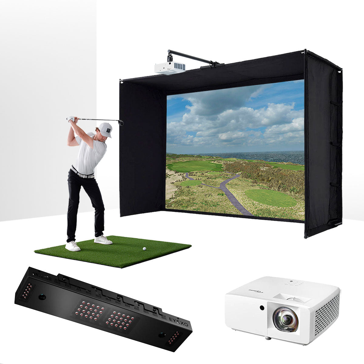 Uneekor EYE XO with PlayBetter SimStudio™ ESSENTIALS Package | Golf Simulator Studio with Impact Screen, Enclosure, Hitting Mat, & Projector