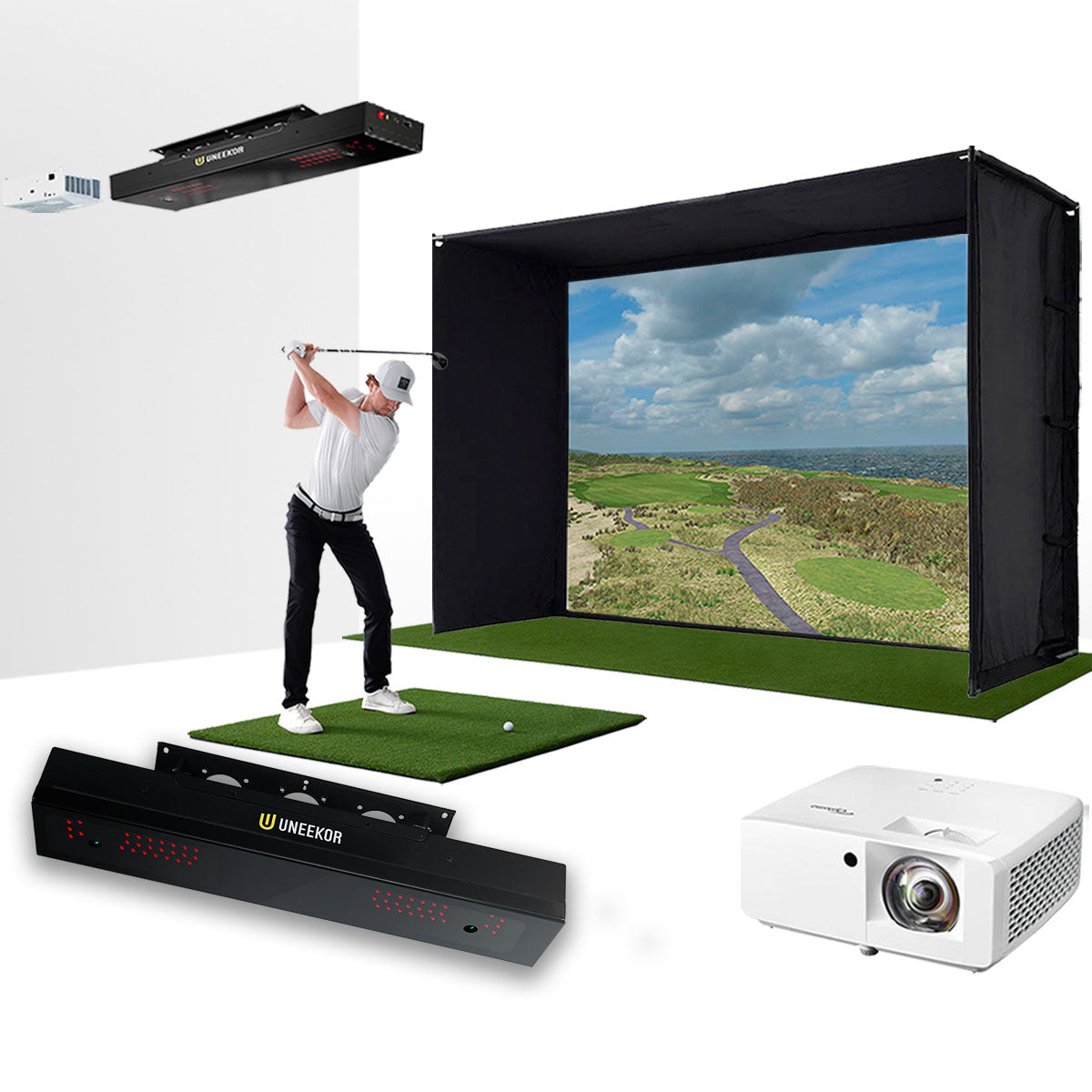 Uneekor EYE XR with PlayBetter SimStudio™ ESSENTIALS Package | Golf Simulator Studio with Impact Screen, Enclosure, Hitting Mat, & Projector