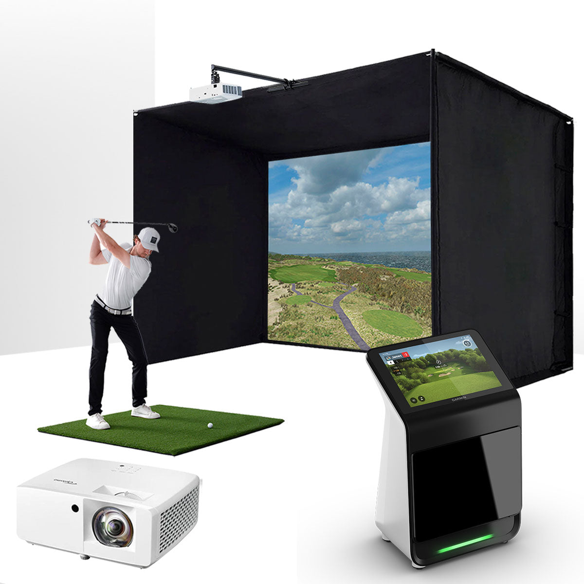 Garmin Approach R50 with PlayBetter SimStudio™ ESSENTIALS Package | Golf Simulator Studio with Impact Screen, Enclosure, Hitting Mat & Projector