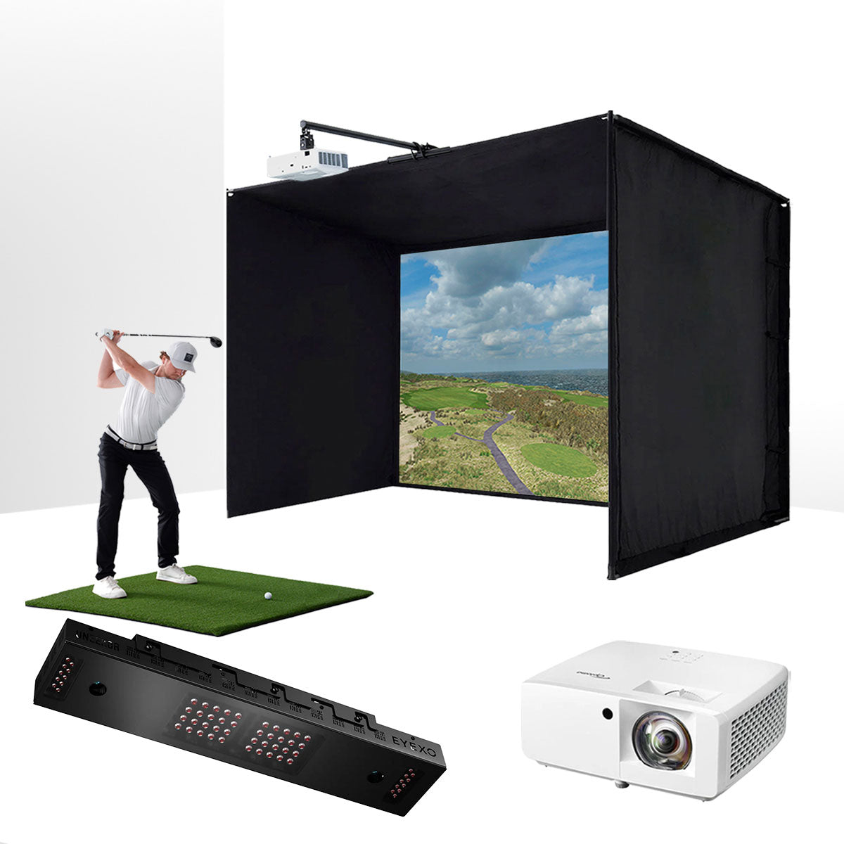 Uneekor EYE XO with PlayBetter SimStudio™ ESSENTIALS Package | Golf Simulator Studio with Impact Screen, Enclosure, Hitting Mat, & Projector