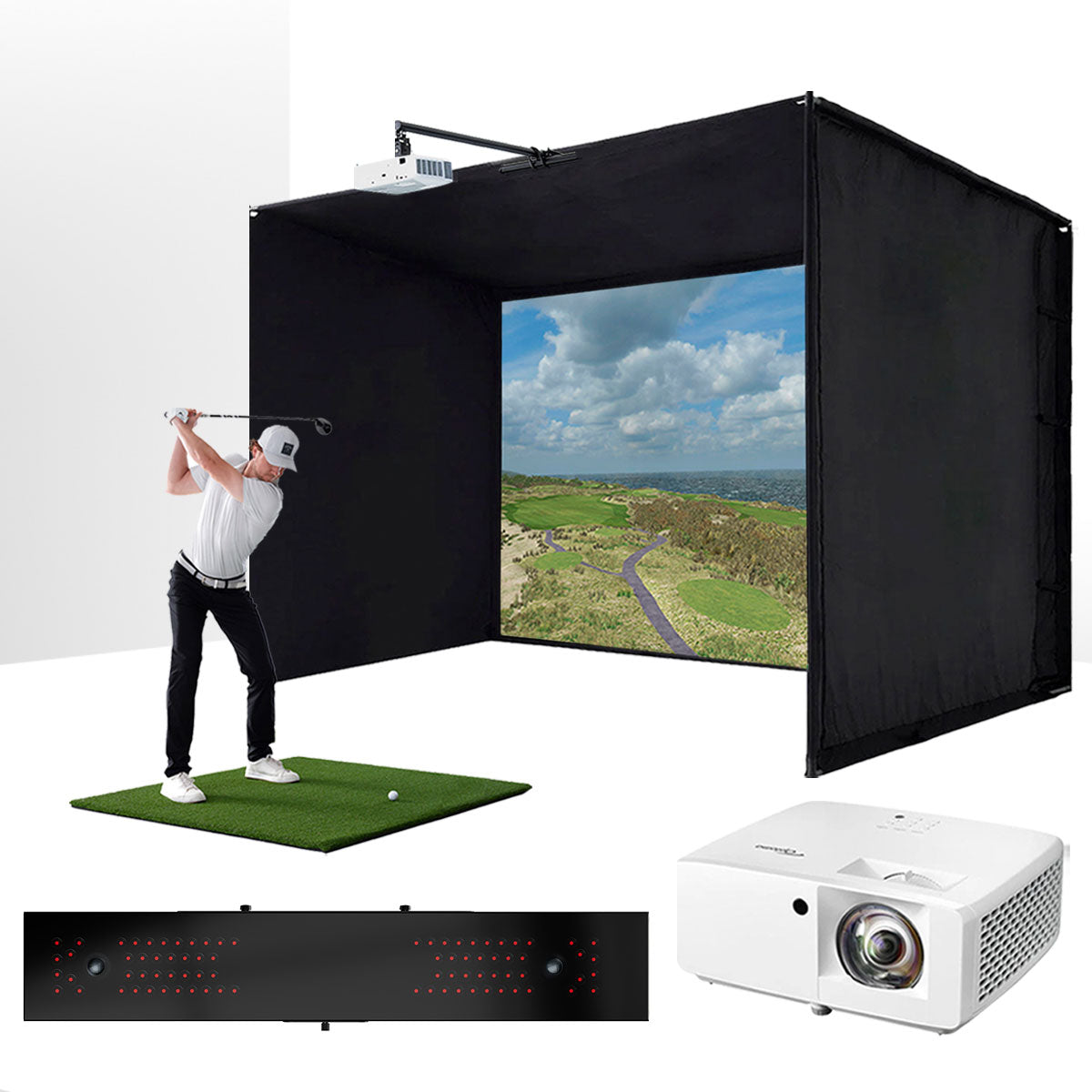 Uneekor EYE XR with PlayBetter SimStudio™ ESSENTIALS Package | Golf Simulator Studio with Impact Screen, Enclosure, Hitting Mat, & Projector