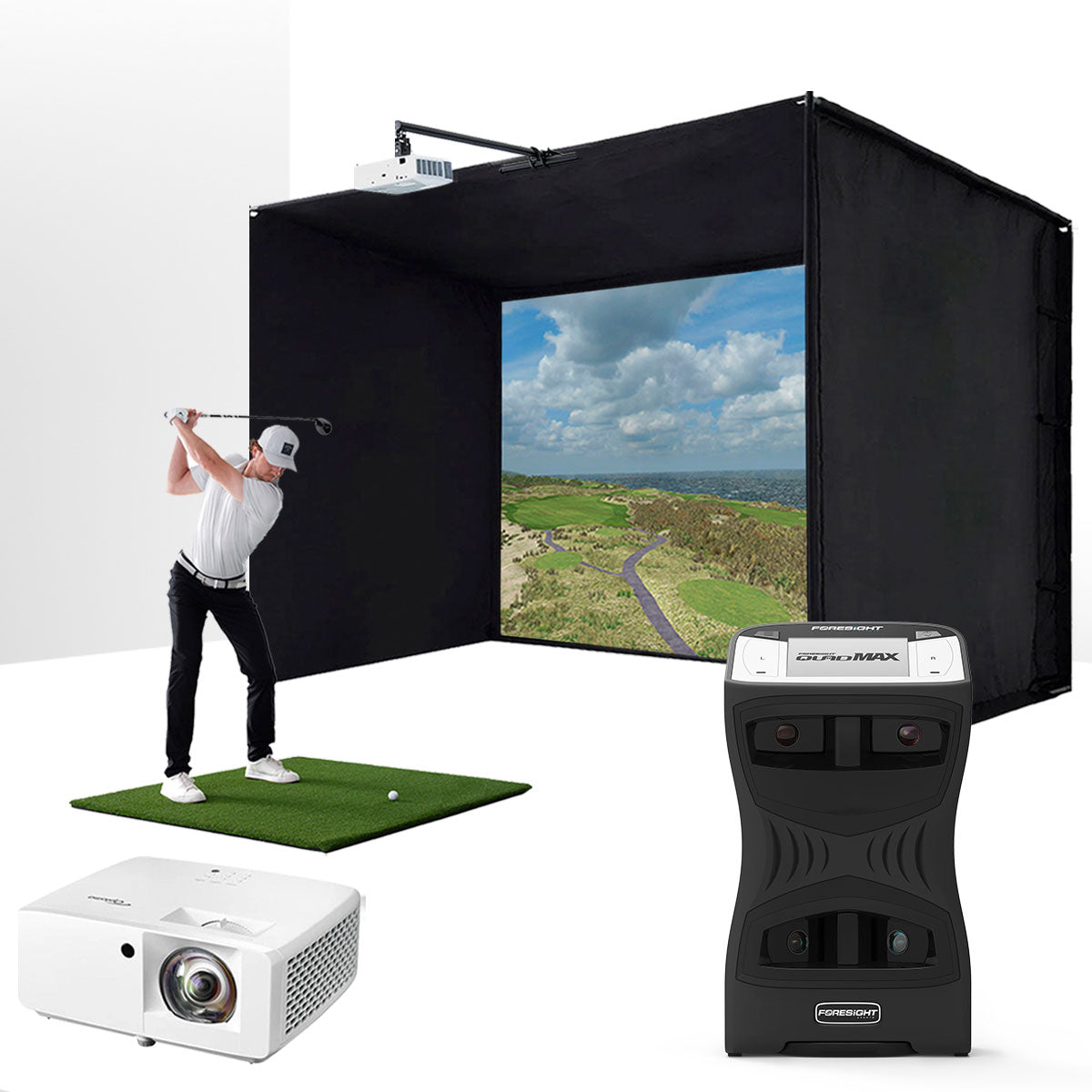 Foresight QuadMAX with PlayBetter SimStudio™ ESSENTIALS Package | Golf Simulator Studio with Impact Screen, Enclosure,Hitting Mat & Projector