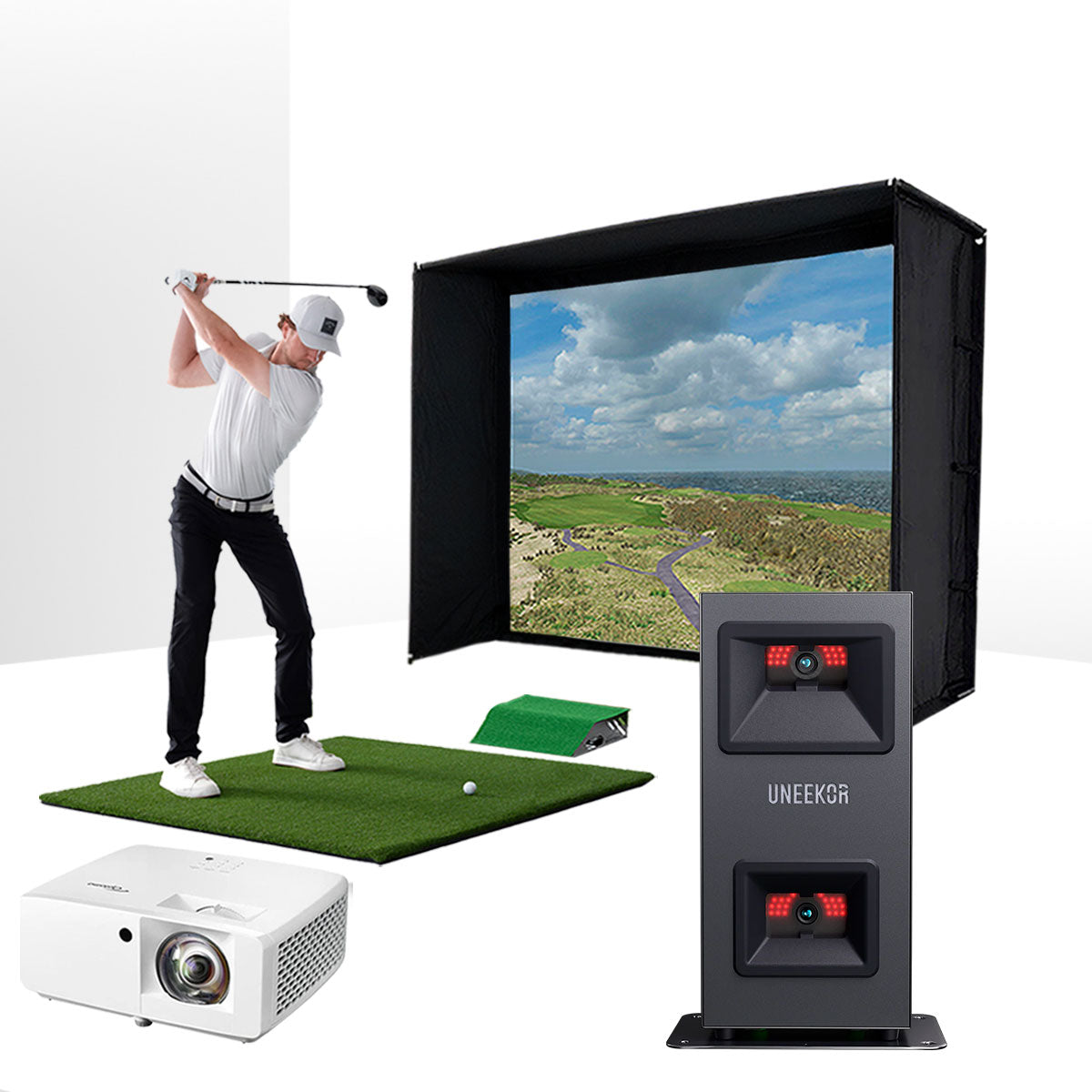 Uneekor EYE MINI LITE with PlayBetter SimStudio™ ESSENTIALS Package | Golf Simulator Studio with Impact Screen, Enclosure, Hitting Mat, & Projector