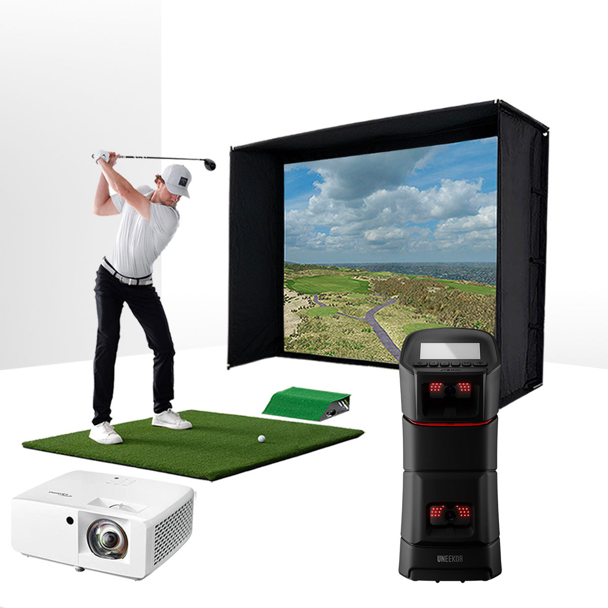 Uneekor EYE MINI with PlayBetter SimStudio™ ESSENTIALS Package | Golf Simulator Studio with Impact Screen, Enclosure, Hitting Mat, & Projector
