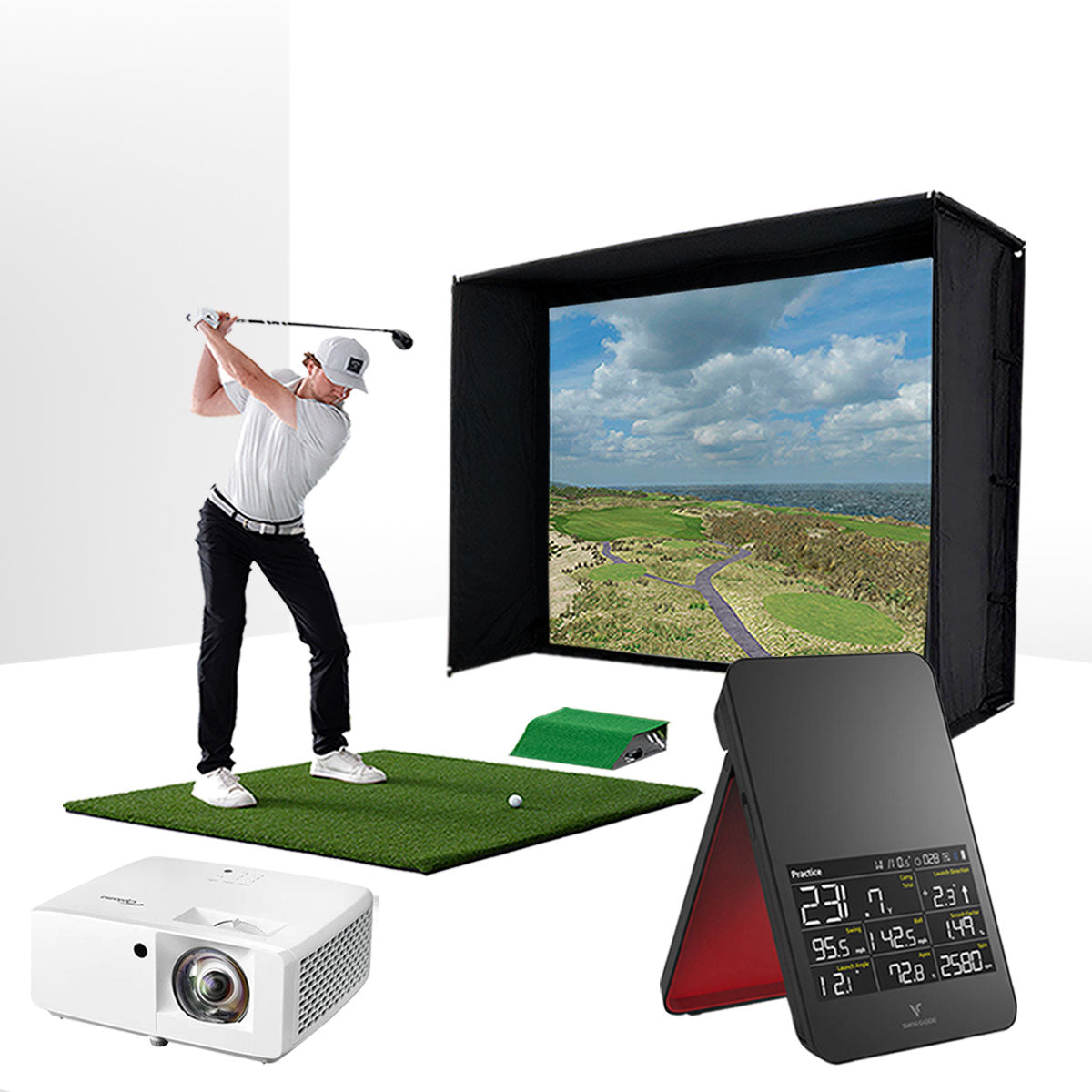Swing Caddie SC4 PRO with PlayBetter SimStudio™ ESSENTIALS Package | Golf Simulator Studio with Impact Screen, Enclosure, Hitting Mat, & Projector