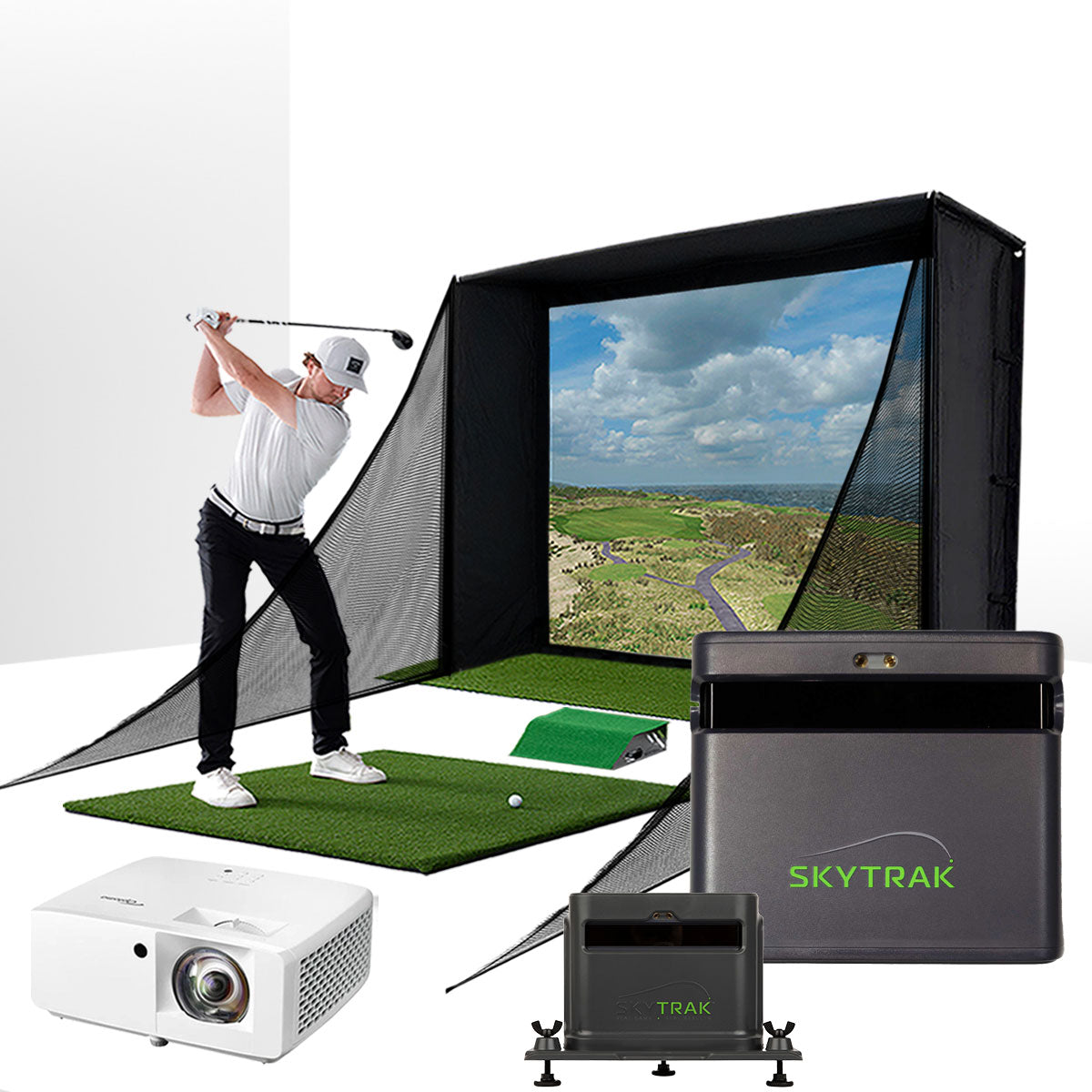 SkyTrak ST MAX with PlayBetter SimStudio™ COMPLETE Package | Golf Simulator Studio with Impact Screen, Enclosure, Side Barriers, Hitting/Putting Mats, Projector & Protective Case