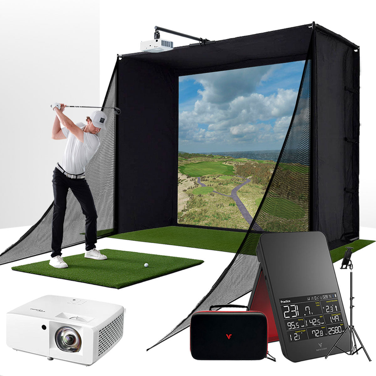 Swing Caddie SC4 PRO with PlayBetter SimStudio™ COMPLETE Package | Golf Simulator Studio with Impact Screen, Enclosure, Side Barriers, Hitting/Putting Mats, & Projector