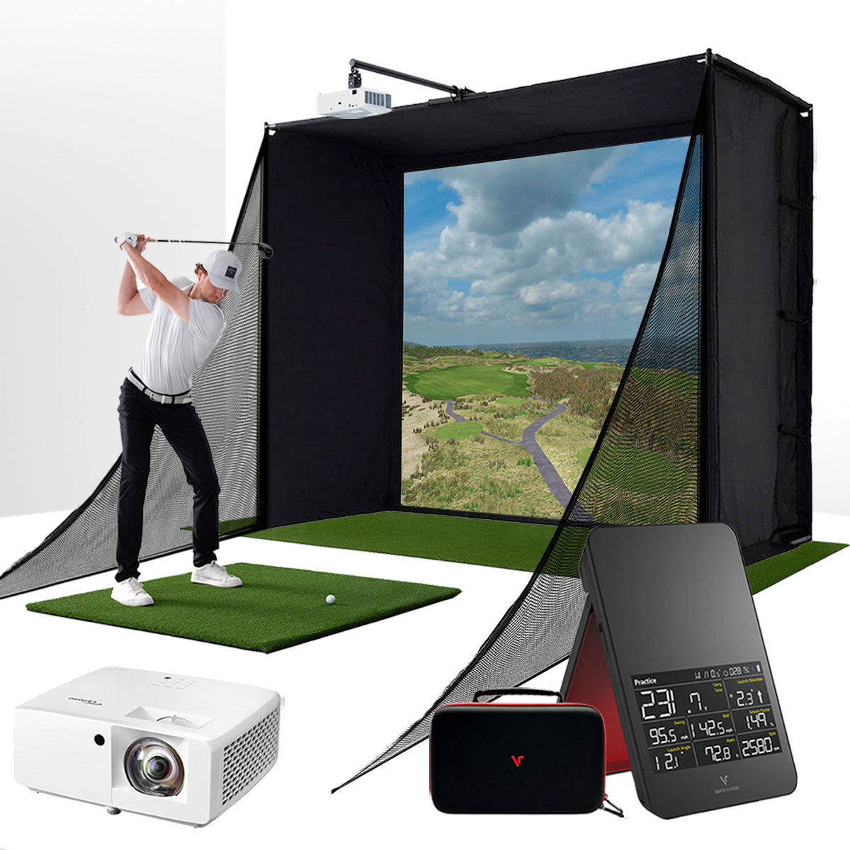 Swing Caddie SC4 PRO with PlayBetter SimStudio™ COMPLETE Package | Golf Simulator Studio with Impact Screen, Enclosure, Side Barriers, Hitting/Putting Mats, & Projector