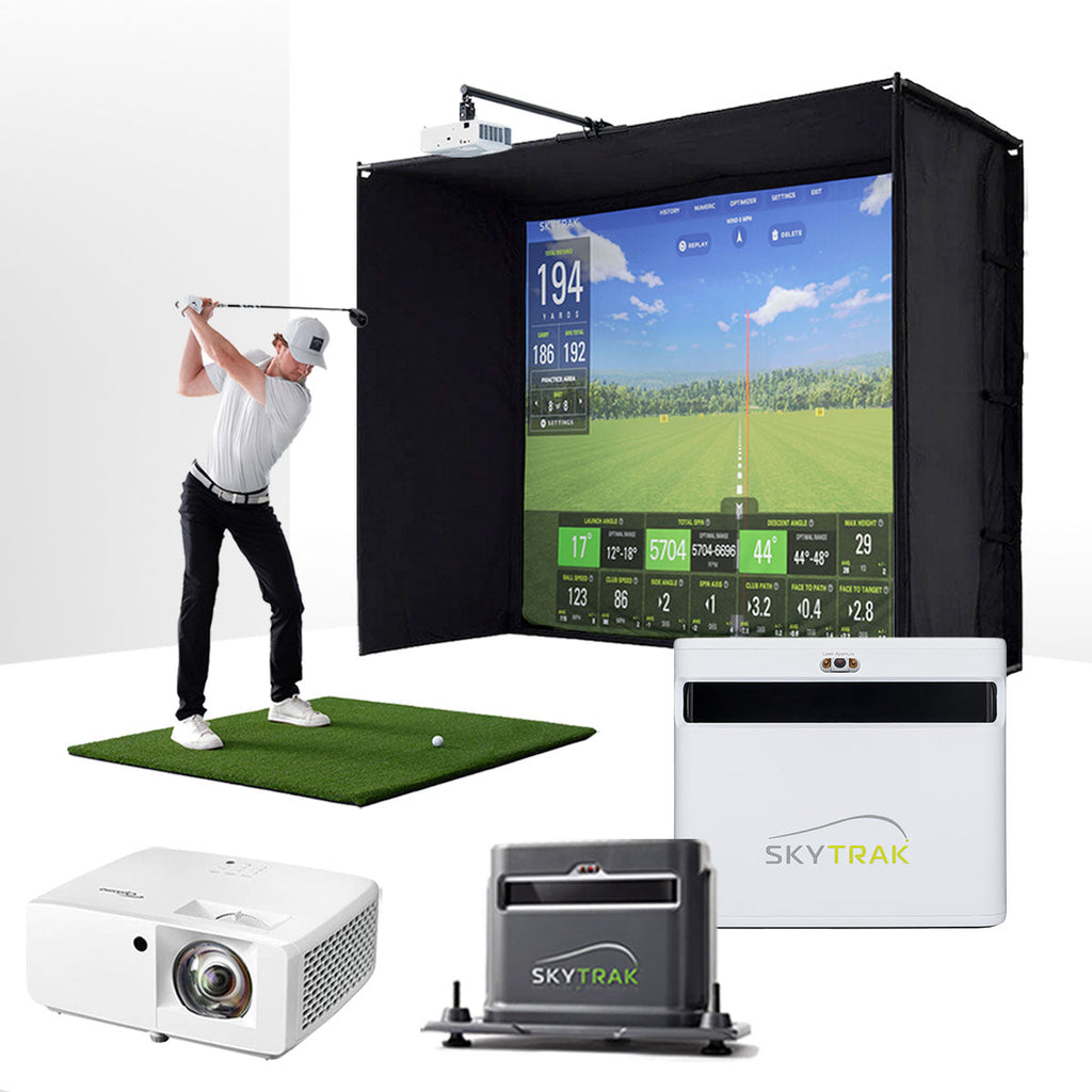 SkyTrak+ with PlayBetter SimStudio™ ESSENTIALS Package | Golf Simulator Studio with Impact Screen, Enclosure, Hitting Mat, Projector, Protective Case & 1-Year FREE Foresight Course Play