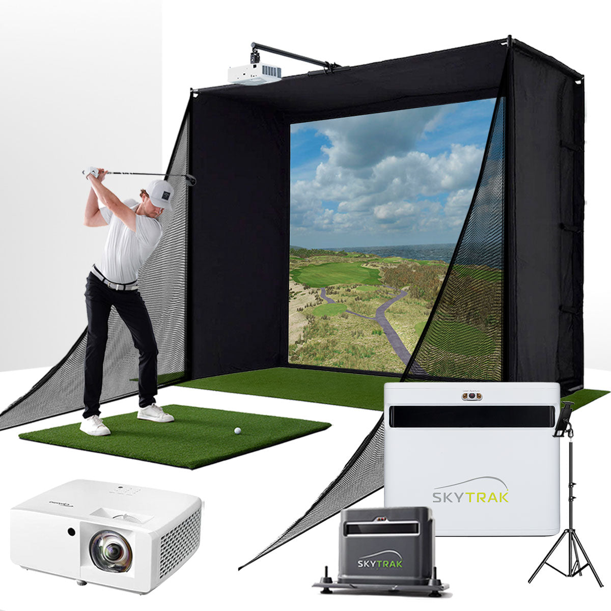 SkyTrak+ with PlayBetter SimStudio™ COMPLETE Package | Golf Simulator Studio with Impact Screen, Enclosure, Side Barriers, Hitting/Putting Mats, Projector, Protective Case & 1-Year FREE Foresight Course Play