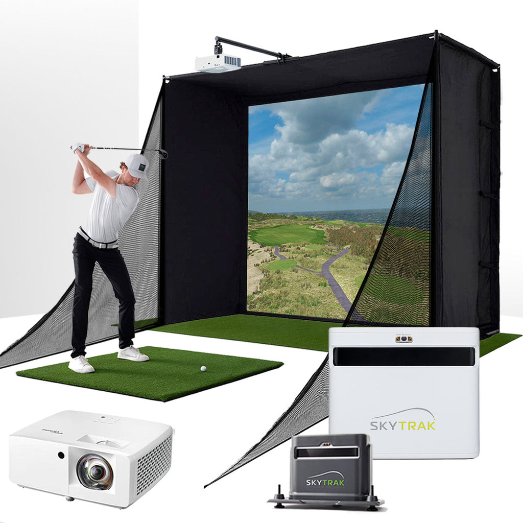 SkyTrak+ with PlayBetter SimStudio™ COMPLETE Package | Golf Simulator Studio with Impact Screen, Enclosure, Side Barriers, Hitting/Putting Mats, Projector, Protective Case & 1-Year FREE Foresight Course Play