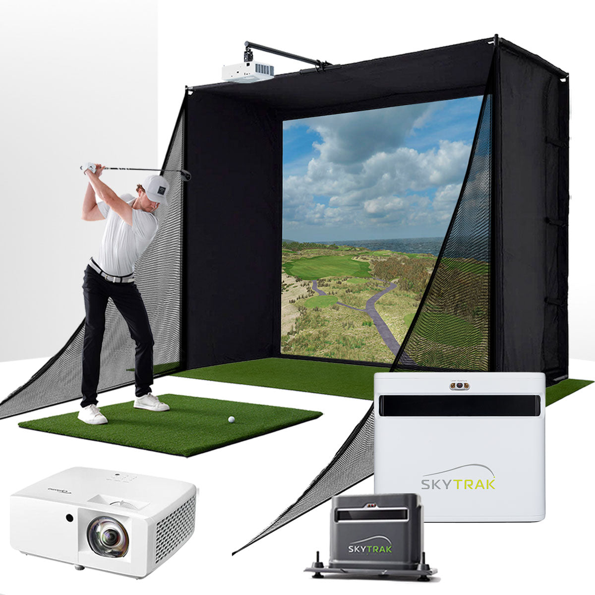 SkyTrak+ with PlayBetter SimStudio™ COMPLETE Package | Golf Simulator Studio with Impact Screen, Enclosure, Side Barriers, Hitting/Putting Mats, Projector, Protective Case & 1-Year FREE Foresight Course Play